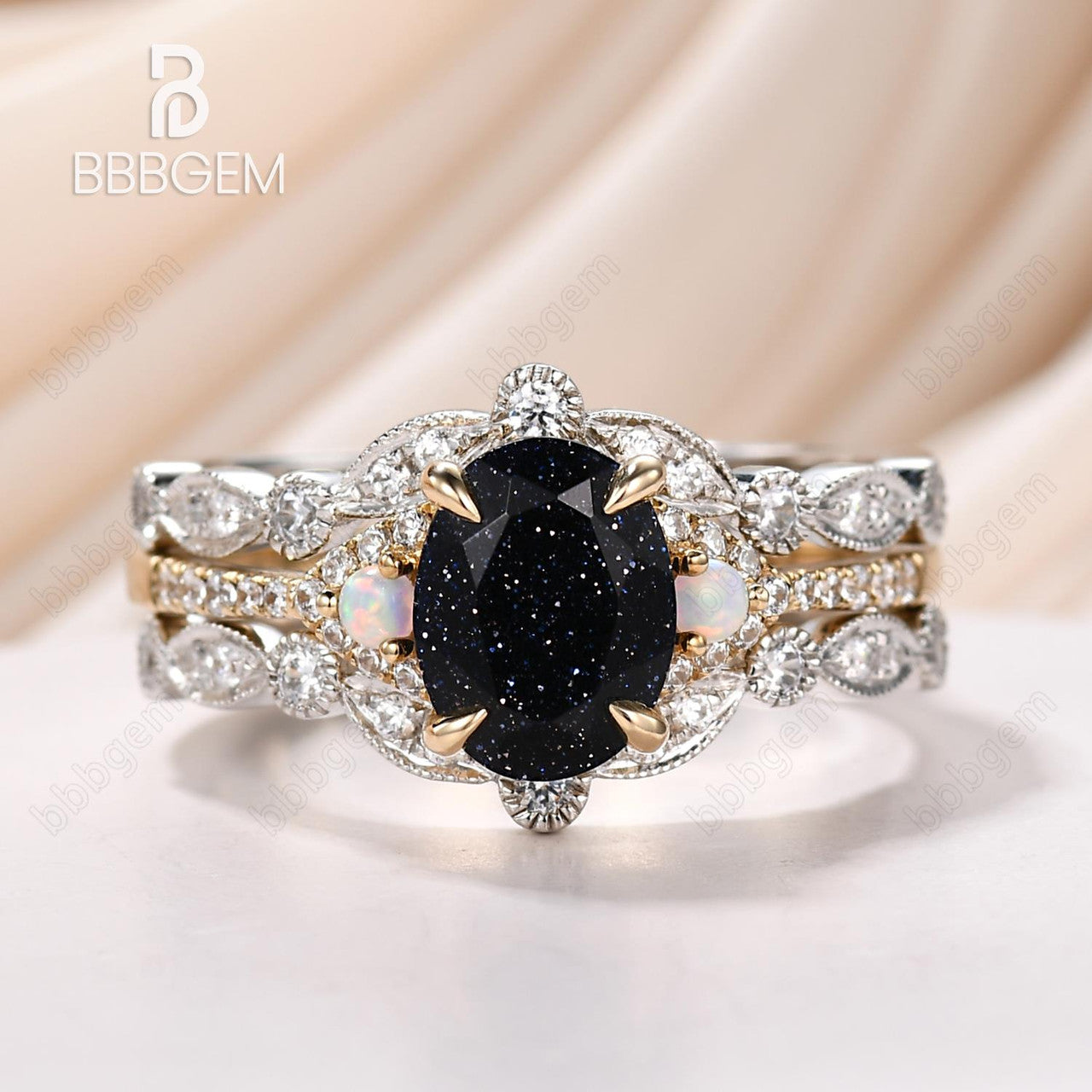 Three Stone Oval Blue Opal Wedding Ring Set in 14k White & Yellow Gold with Diamond Guard Ring Enhancer – Elegant Stackable Bridal Jewelry for Engagement, Anniversary & Special Occasions