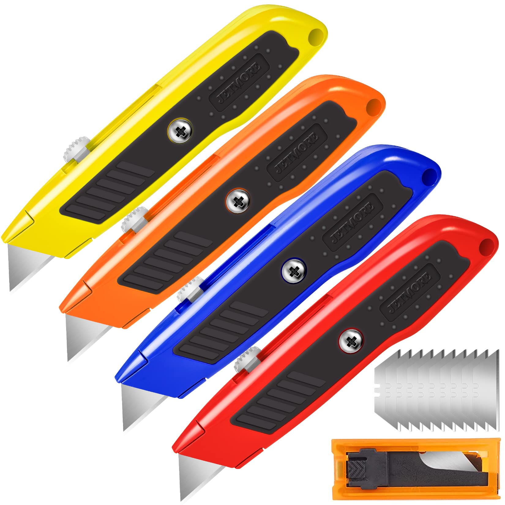 4 Pack Heavy Duty Box Cutter Utility Knife with 10 SK5 Blades - Retractable Razor Knife with Aluminum Shell for Home, Office & Construction - Perfect for Opening Packages, Moving Boxes & DIY Projects