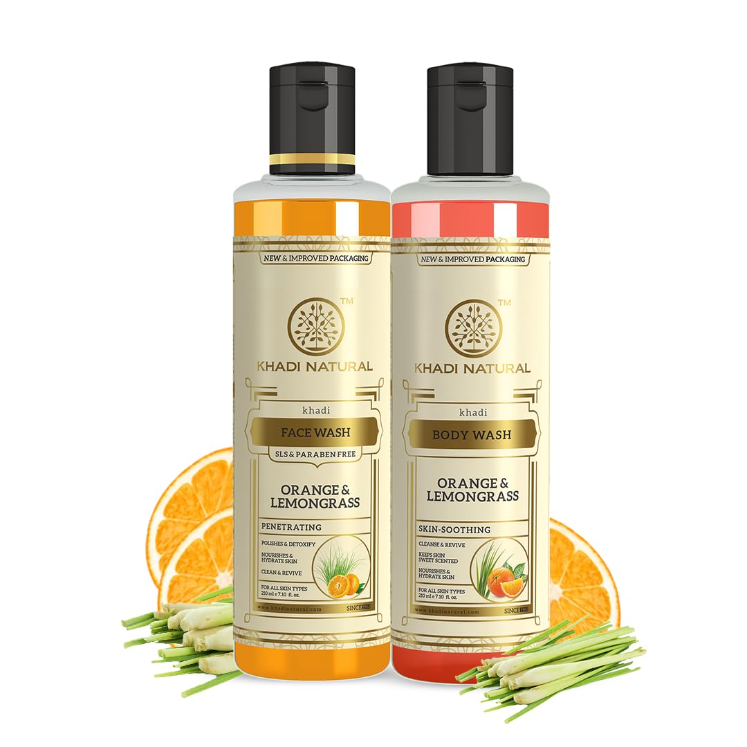 Khadi Natural Orange & Lemongrass Face Wash & Body Wash Combo (210ml Each) - Detoxifies, Cleanses Skin & Regulates Oil Production | SLS & Paraben Free | Perfect for Daily Skincare Routine & Refreshing Morning Showers