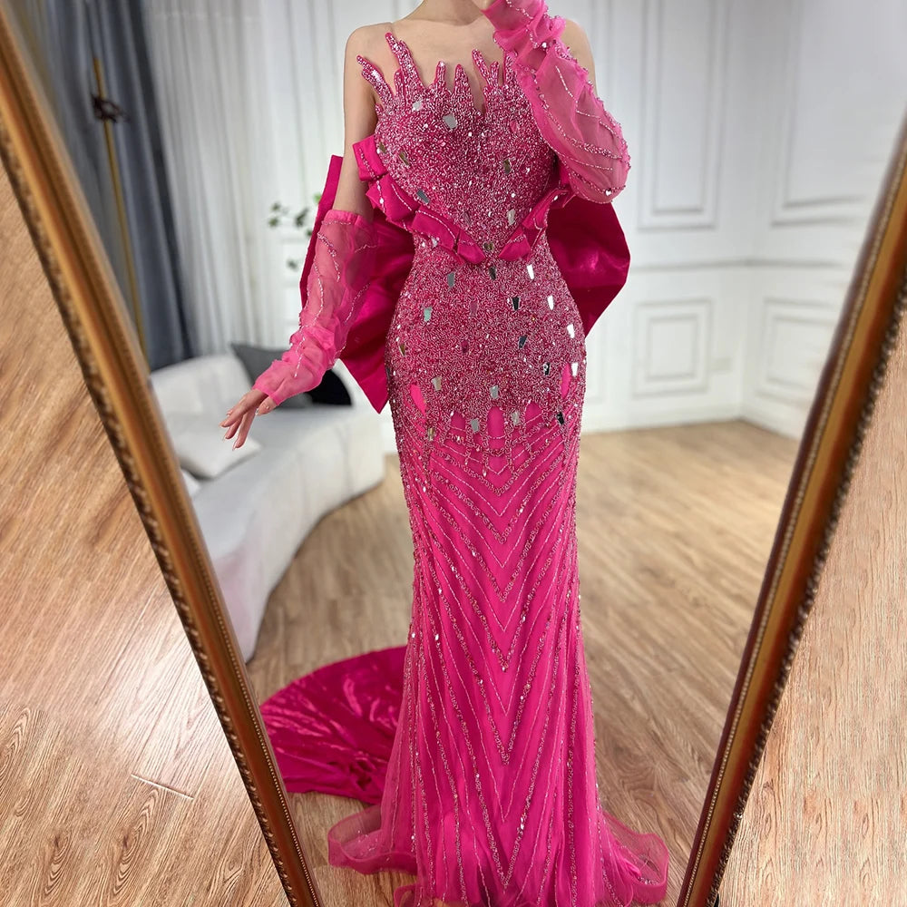 Elegant Fuchsia Mermaid Evening Dress with Pearl Beading - Luxury Formal Gown for Women | Dubai Party Wear, Wedding Guest Dress, Red Carpet Event 2025 - LA72263