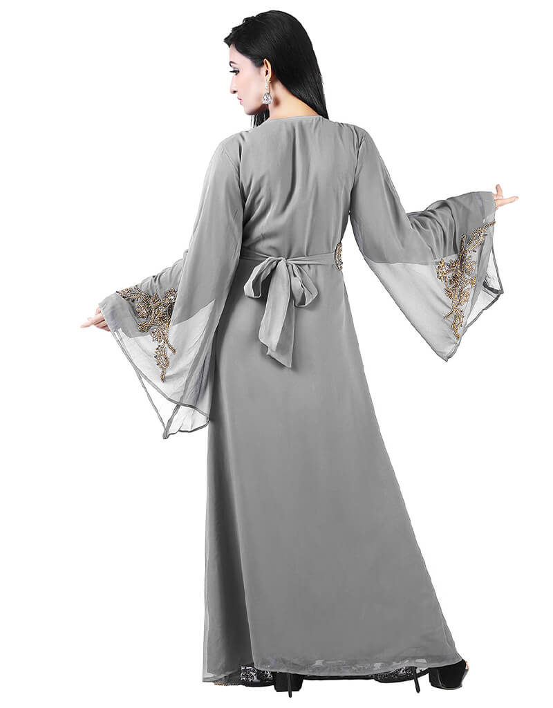 Elegant Arabic Grey Georgette Kaftan with Pearl Embroidery - Perfect for Weddings, Parties & Special Occasions