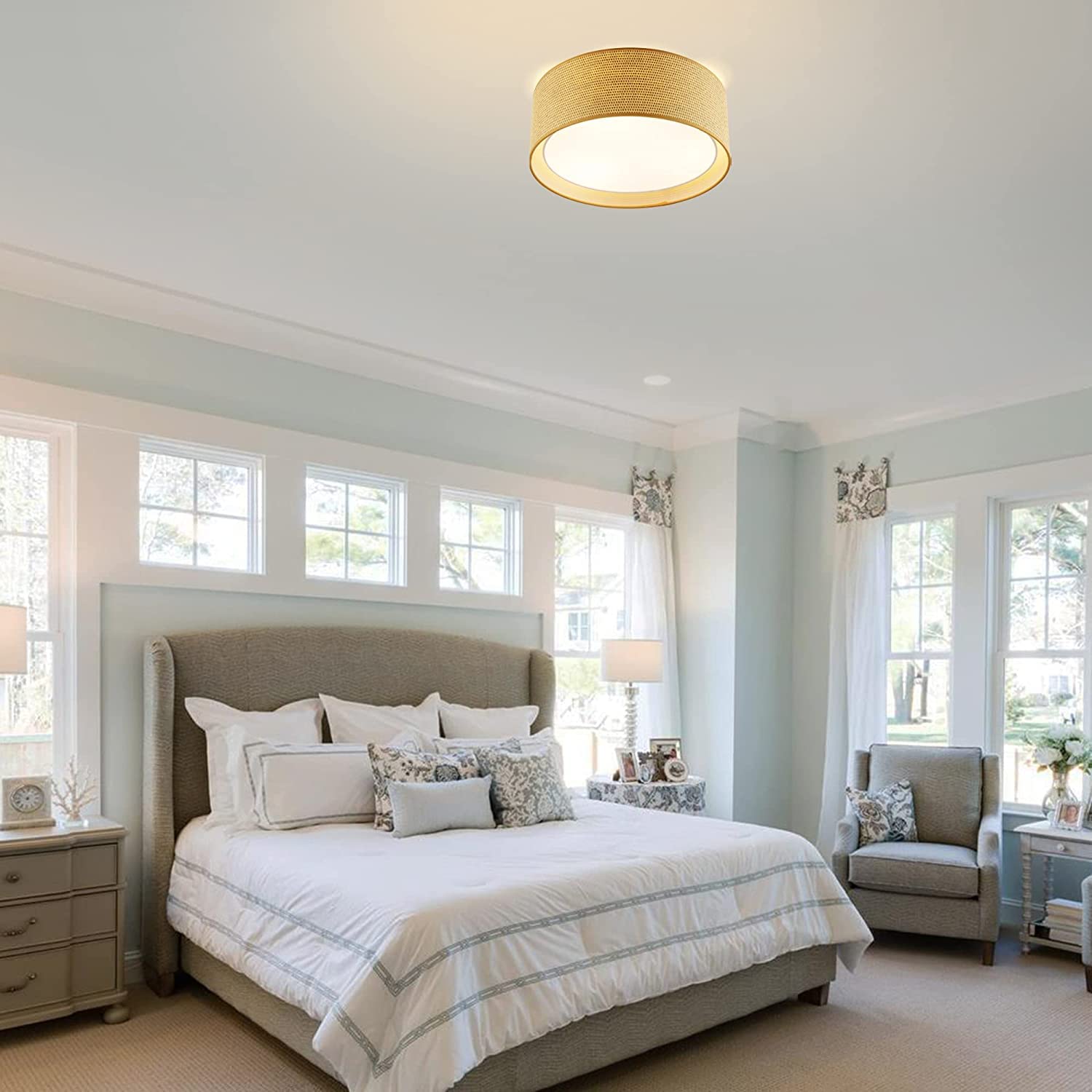 WINGBO 20 Inch Modern 5-Light Flush Mount Ceiling Light Fixture with Fabric & Acrylic Double Drum Shade - Elegant Lighting for Bedroom, Living Room, Dining Room, Hallway & Entryway in Flaxen - Perfect for Home Decor and Ambient Lighting