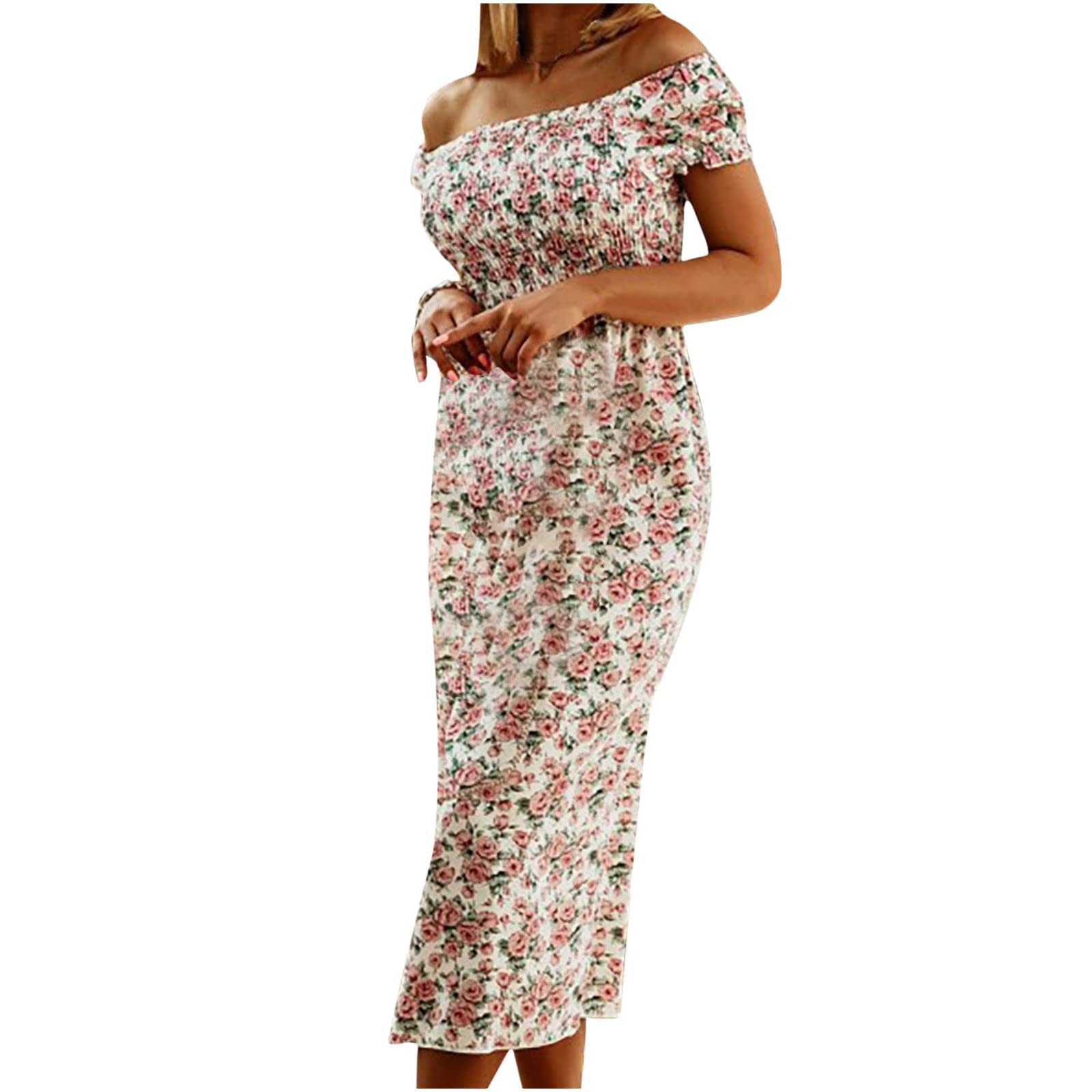 BoomDDD Women's Summer Casual Off Shoulder Floral Print Slimming Long Dress - Perfect for Beach Vacations, Date Nights & Summer Parties