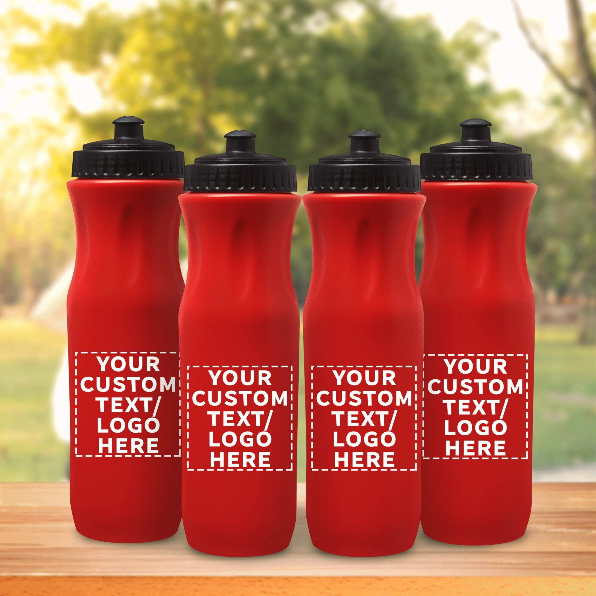 100 Pack 26 oz Plastic Water Bottles with Black Push Top Lid - Custom Text & Logo Printing - Bulk Reusable Water Bottles for Sports, Gym, School, and Outdoor Activities - Red