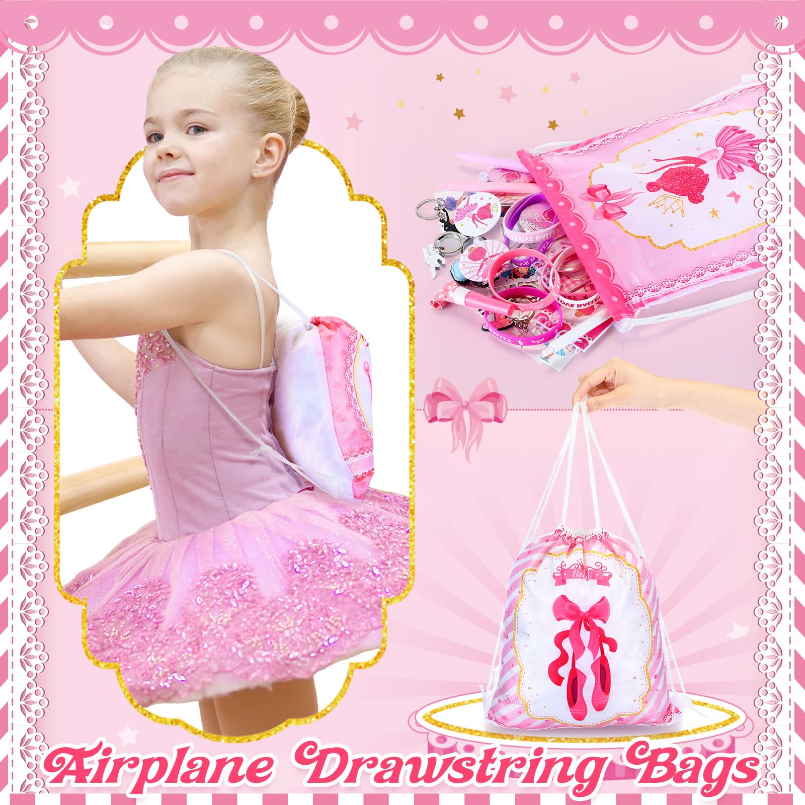 Yeaqee 98 Pcs Ballerina Party Favors Kit - Ballet Drawstring Backpacks, Silicone Bracelets, Keychains, Blowouts, Spiral Notebook, Retractable Pens & Tattoos for Dance Recitals, Ballet Birthday Parties & Girls Celebration Events