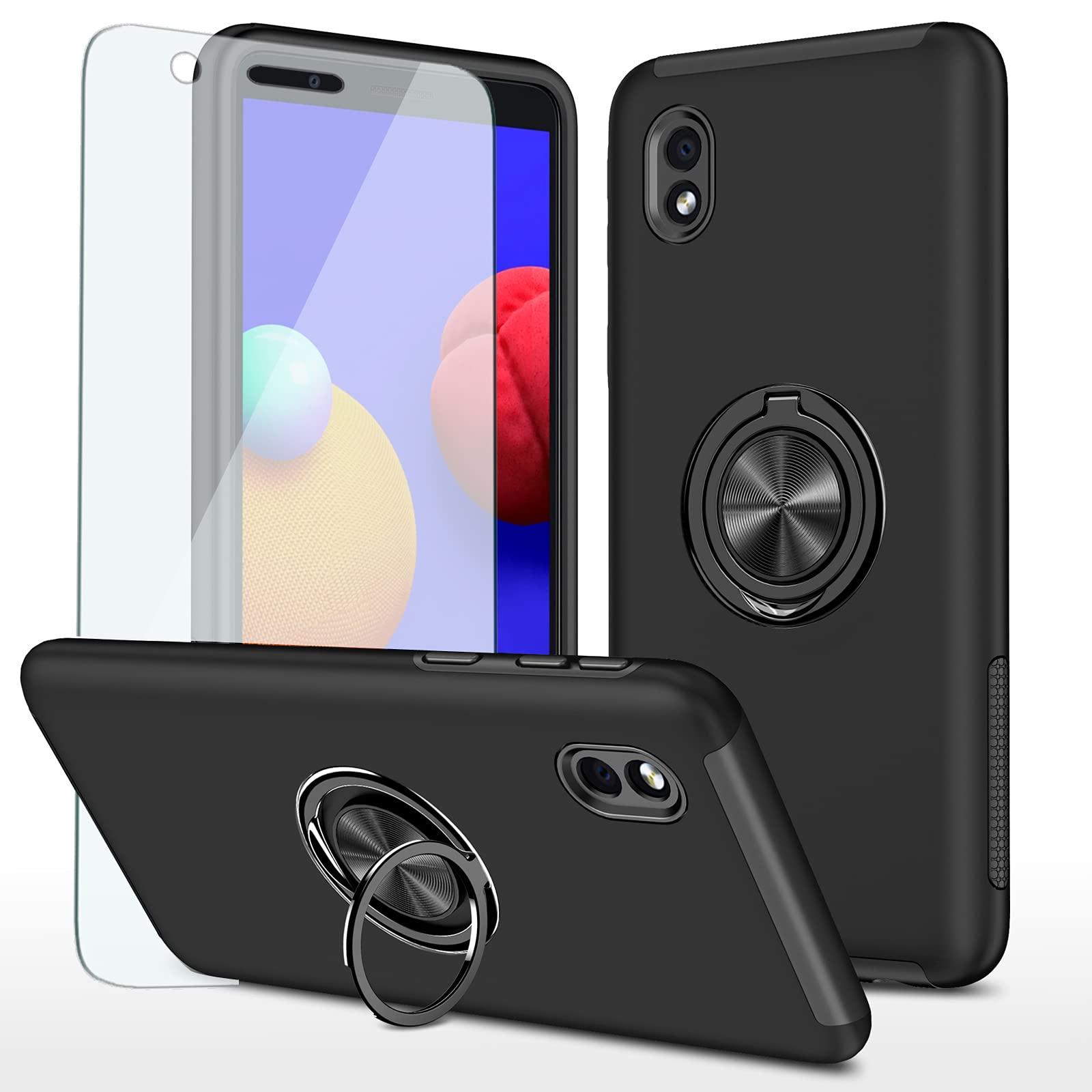 Asuwish Samsung Galaxy A01 Core/M01 Core Case with Tempered Glass Screen Protector & Ring Holder - Shockproof Protective Cover for Galaxy A01 Core, A01, A 01, 01A, A013M (2020 Model) - Perfect for Women & Men in Black - Ideal for Daily Use, Work, and Outdoor Activities