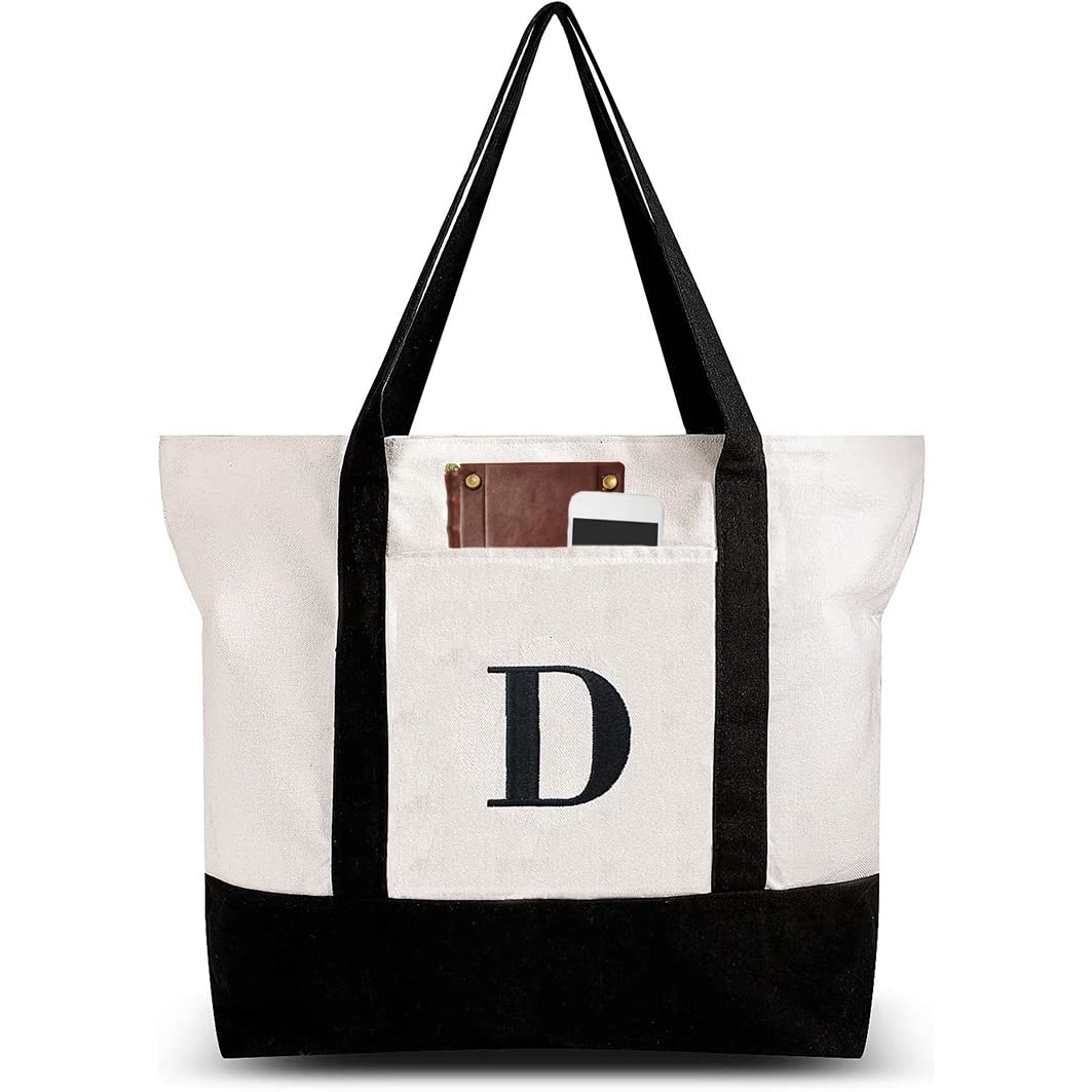 Personalized Initial Canvas Beach Bag with Zipper - for Women, Moms & Travel