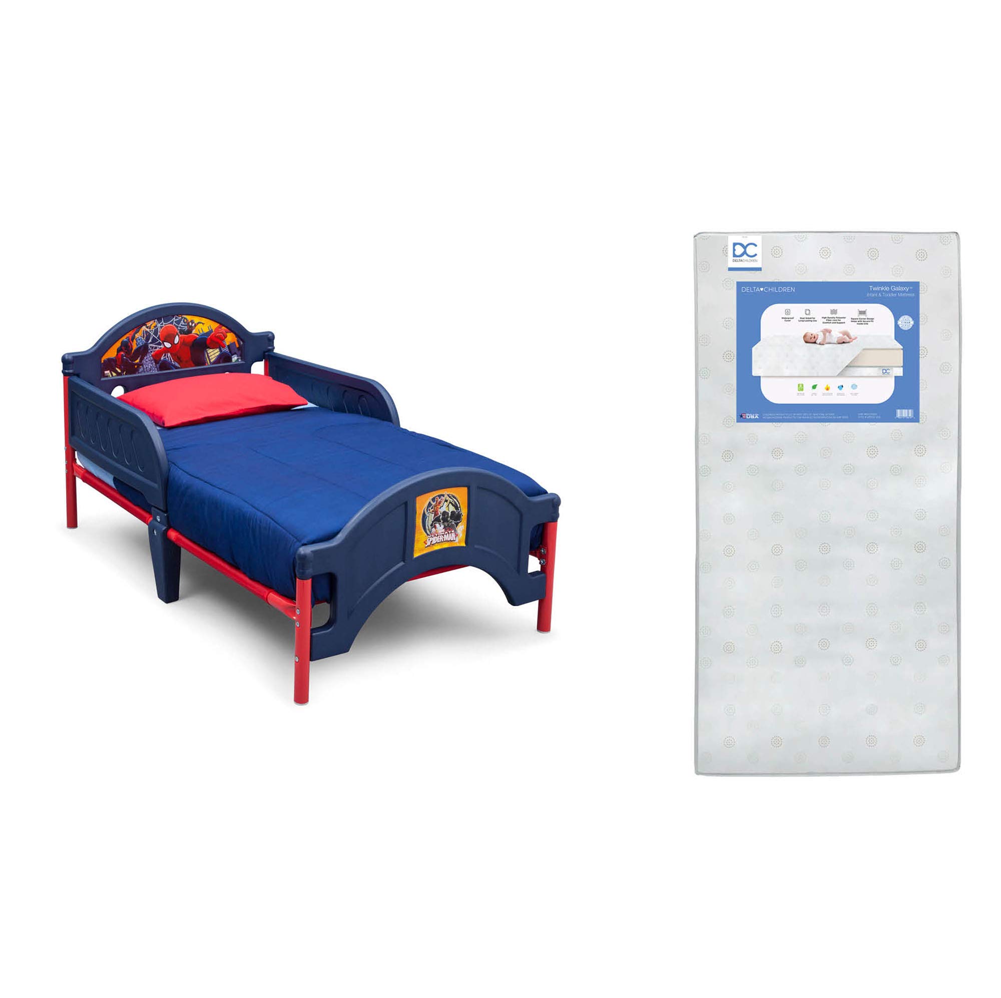 Delta Children Marvel Spider-Man Plastic Toddler Bed with Twinkle Galaxy Dual-Sided Recycled Fiber Core Mattress Set - Perfect for Kids' Bedrooms, Daycare & Sleepovers