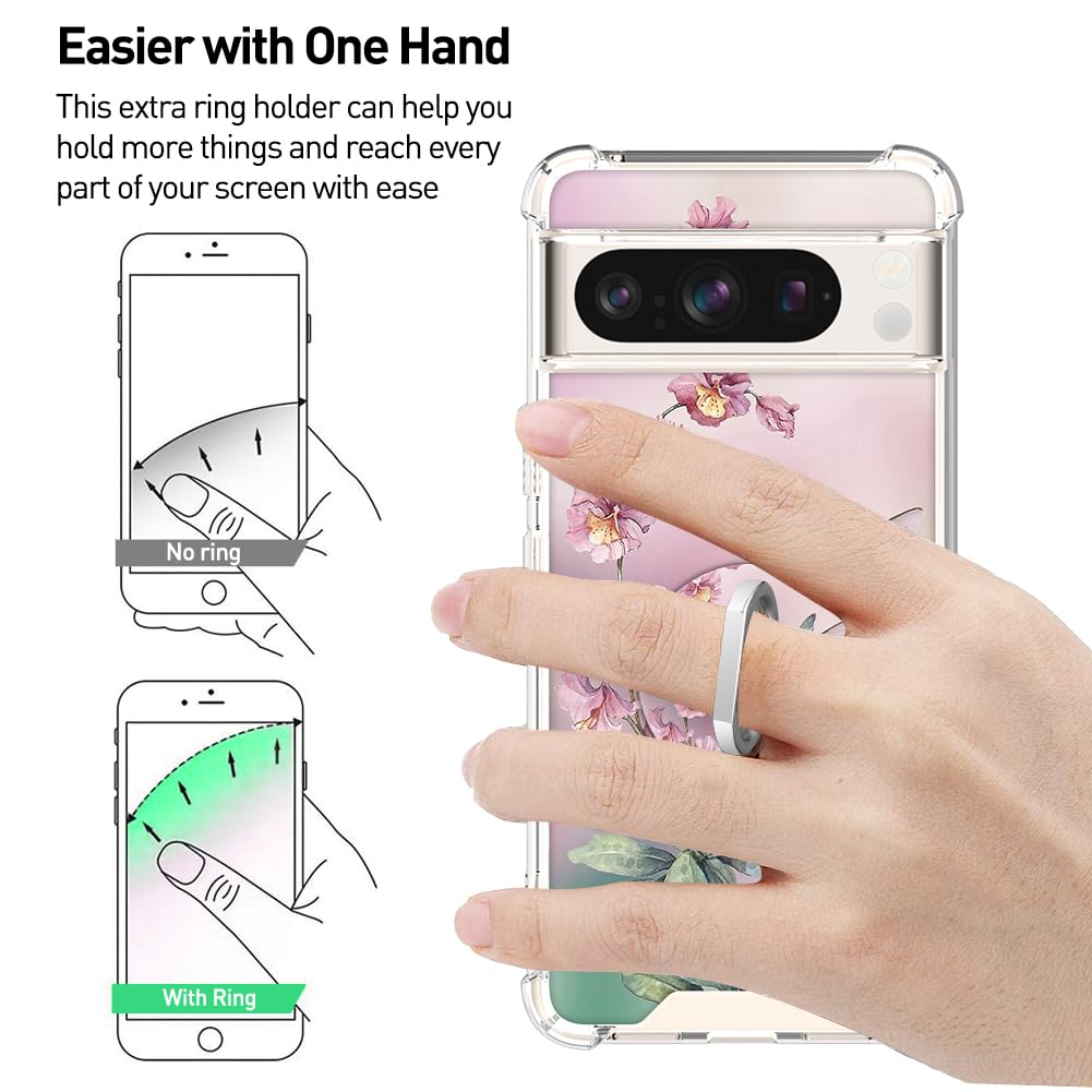 OOK Clear Case for Google Pixel 8 Pro - Pink Hummingbird Design, Flexible TPU Shockproof & Anti-Scratch Transparent Cover with Ring Kickstand | Perfect for Daily Protection, Work & Travel