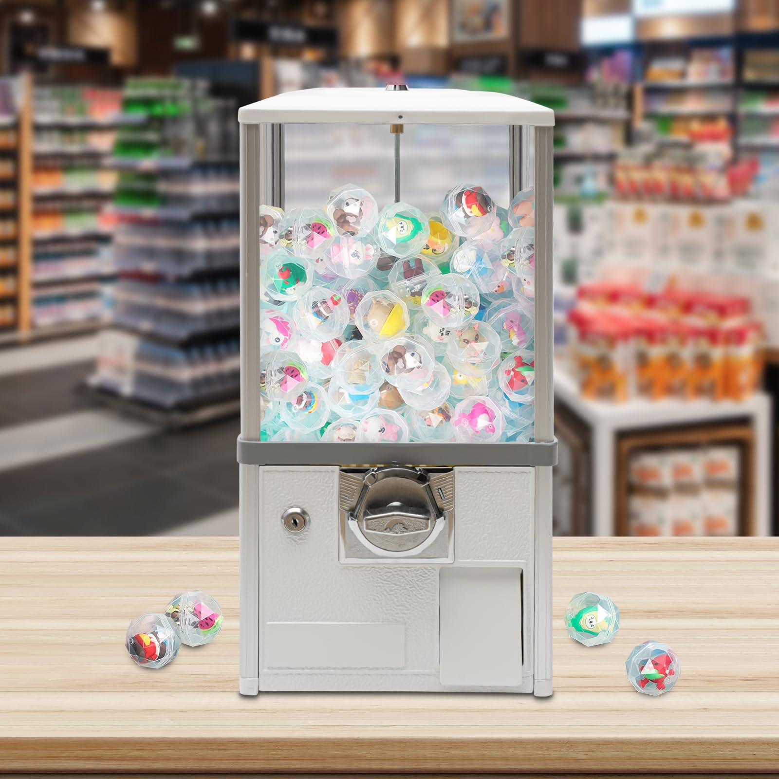 Commercial Gumball Machine for Business - 1.77-1.97 Inch Ball Diameter, 800 Coin Capacity, 4 Quarter Coin Mechanism - Perfect for Vending Capsule Toys, Candies, Gumballs in Stores & Arcades (White)