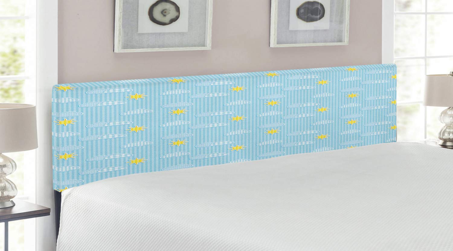 Ambesonne King Size Upholstered Headboard - Yellow and Blue Clouds Sun Pattern with Vertical Stripes & Dots | Memory Foam Decorative Metal Bed Headboard for Playroom, Nursery or Kids Bedroom | Pale Blue & Yellow Design