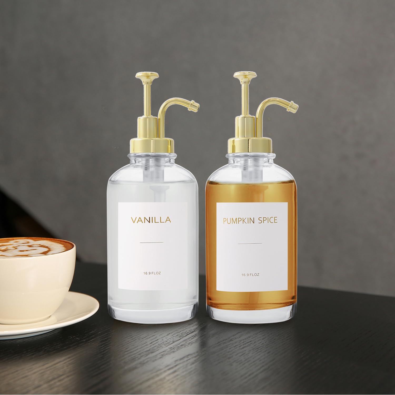 Premium 16.9OZ Glass Coffee Syrup Dispenser with Gold Pump - Barista-Grade Syrup Bottle for Coffee Shops, Cafes & Home Use - Includes 18 Professional Coffee Syrup Labels (Clear) - Perfect for Latte Art, Iced Coffee & Specialty Drinks