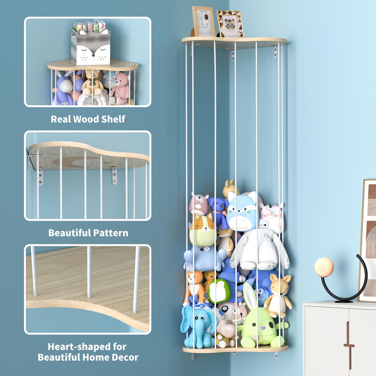Large Wooden Plush Toy Hammock - Stuffed Animal Storage Organizer for Nursery, Kids Room & Playroom - Corner Hanging Net for Plushies, Stuffed Toys & Soft Toys - Perfect Gift for Toddlers, Boys & Girls