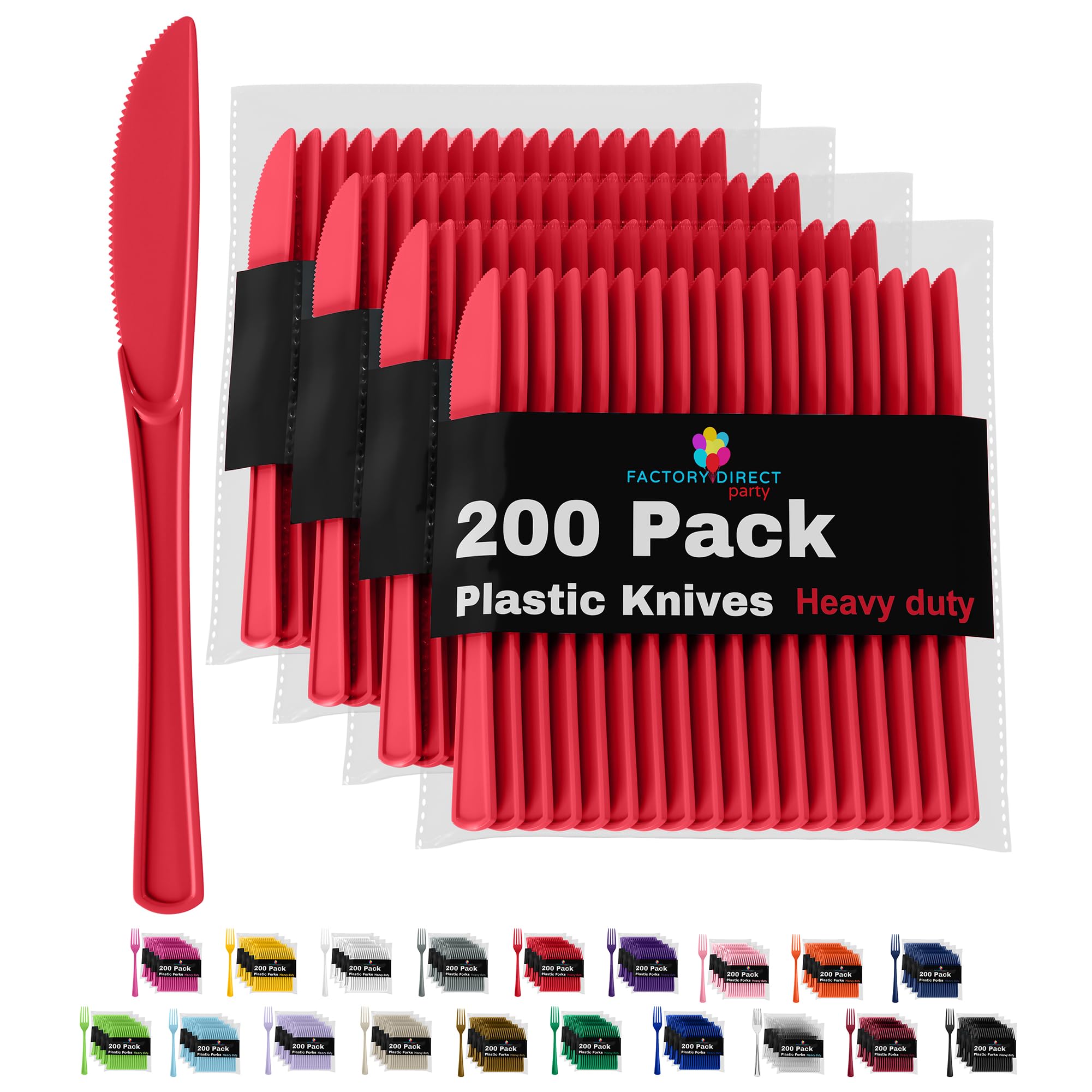 200-Piece Heavy Duty Red Plastic Knives Set - Disposable Cutlery for Parties, Picnics, BBQs & Events - Durable Flatware for Catering, Restaurants & Home Use
