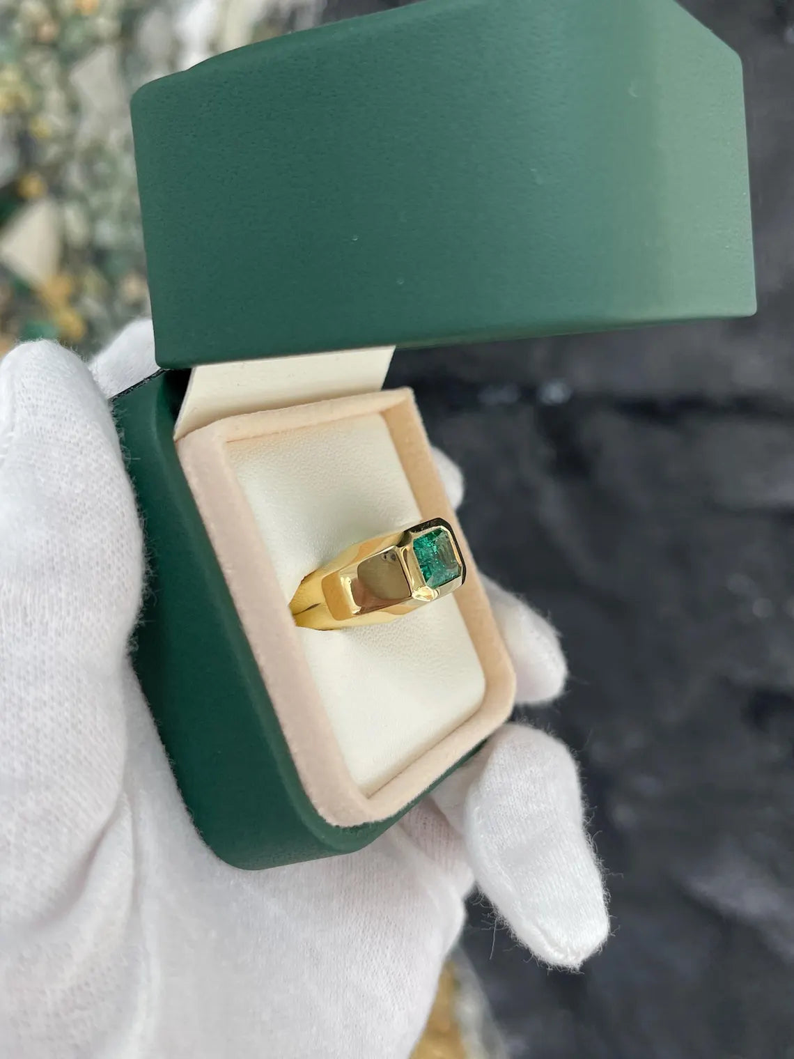 2.66ct Natural Emerald Cut Bluish Green Emerald Solitaire Ring for Men - Bezel Set Luxury Wedding Band, Anniversary Gift & Everyday Jewelry
