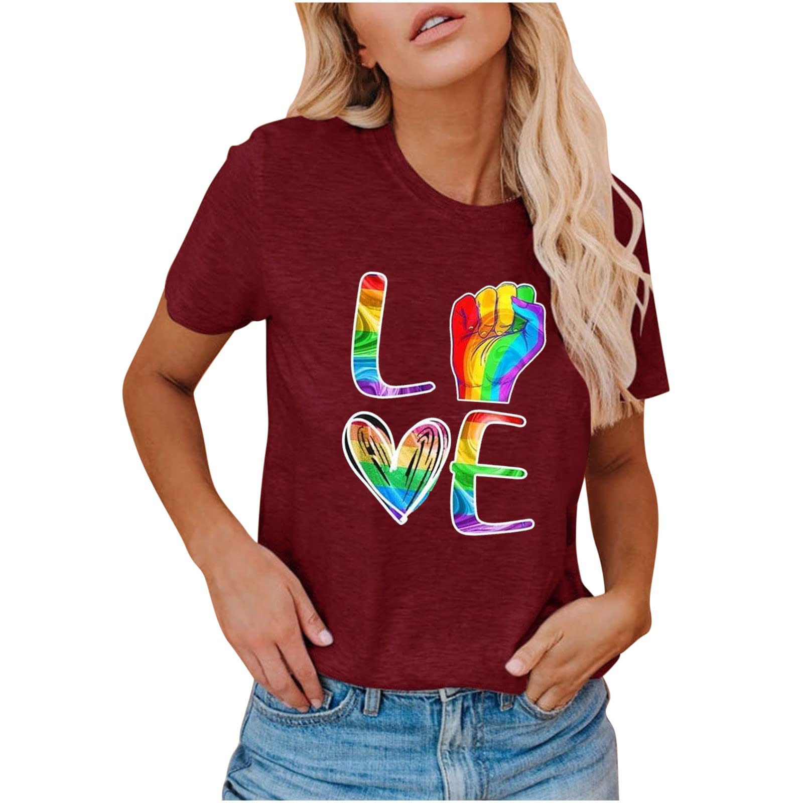 Women's Short Sleeve Rainbow Print Crewneck T-Shirts - Heart Graphic Summer Blouses & Casual Tees for Beach, Vacation, and Everyday Wear