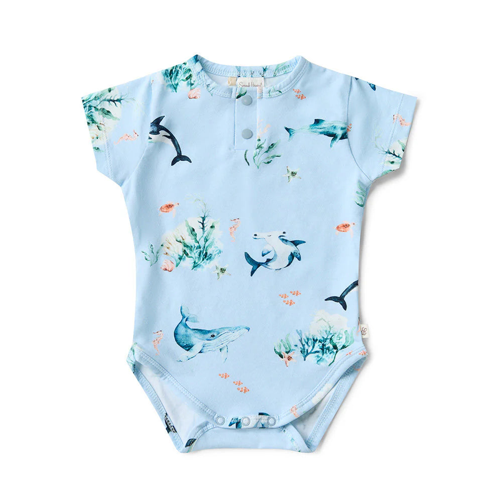 Organic Cotton Short Sleeve Baby Bodysuit - Blue Ocean - Soft & Comfortable Onesie for Newborns & Infants - Perfect for Playtime, Daycare & Family Outings