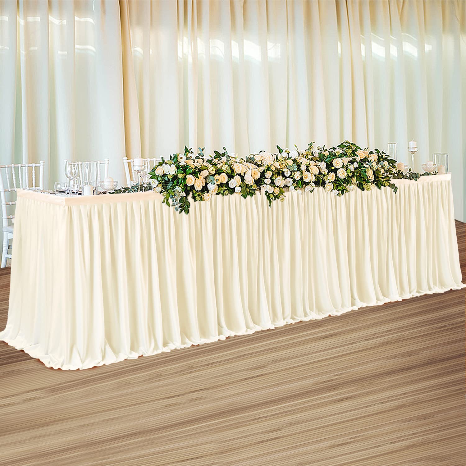 14 ft Off White Polyester Pleated Table Skirt - Elegant Ruffle Tutu Table Cover for Rectangle Tables | Perfect for Baby Showers, Weddings, Birthday Parties, Gender Reveals & Dessert Displays | Decorative Table Dressing for Special Events & Celebrations