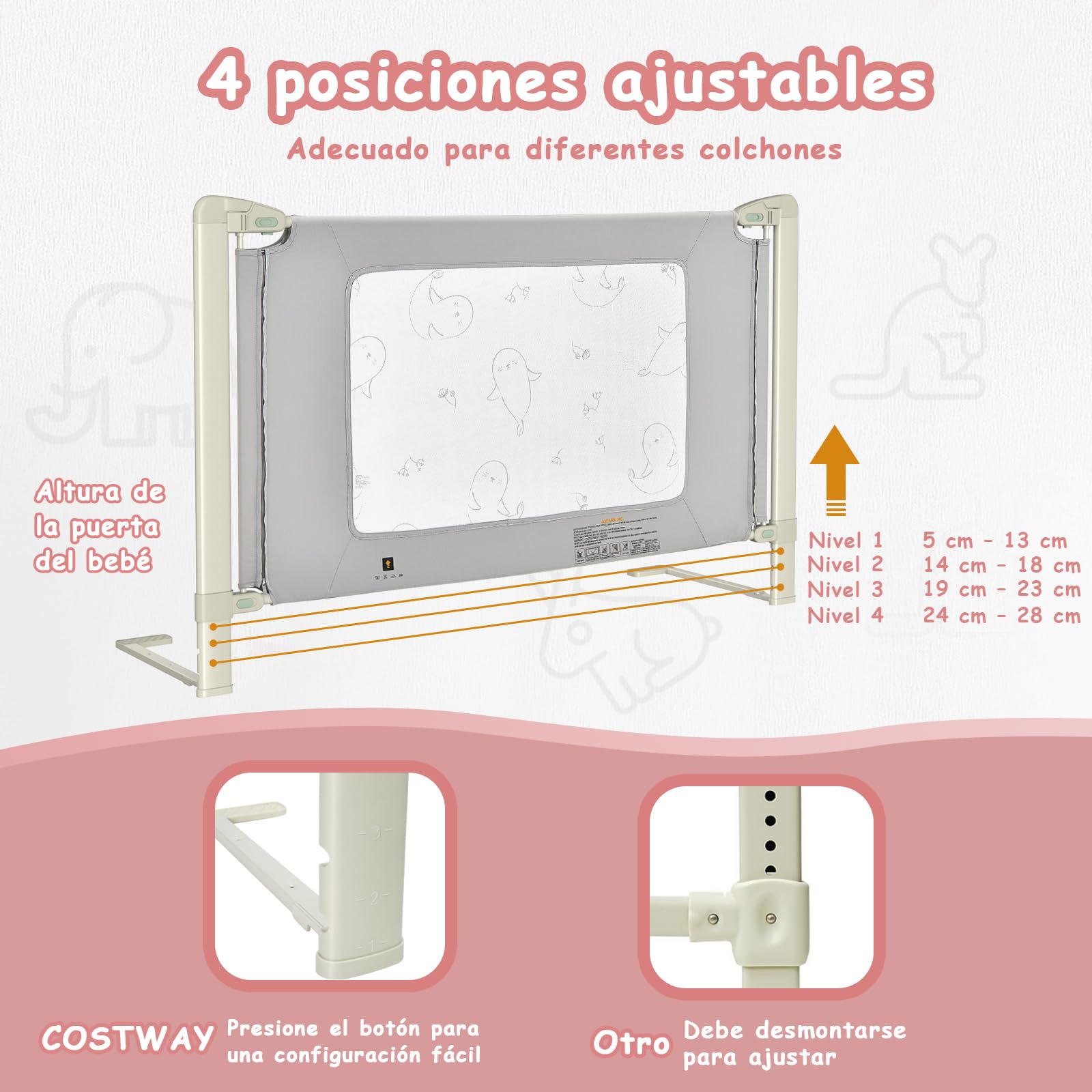 COSTWAY 150/180/200 cm Adjustable Baby Bed Rail, 80-95 cm Height, Universal Bed Guard with Connectors for Twin/Queen/King Size Beds - Perfect for Toddler Safety & Transitioning to Big Kid Beds
