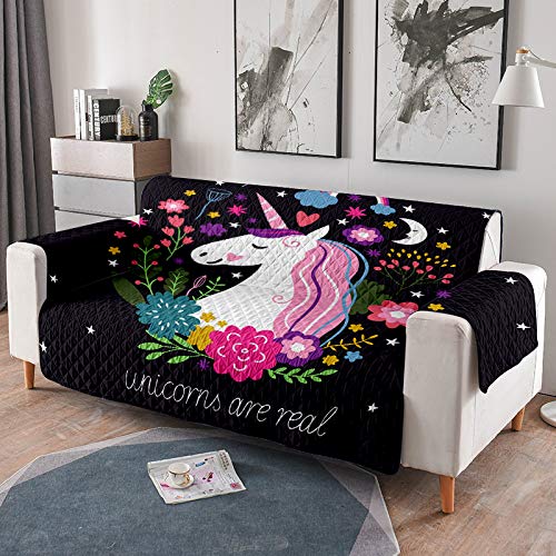 Sleepwish Quilted Sofa Cover - Velvet-Soft Unicorn Floral Print Couch Protector for Living Room & Bedroom - Stretchable Furniture Slipcover - Perfect for Home Decor, Pet Protection & Daily Use