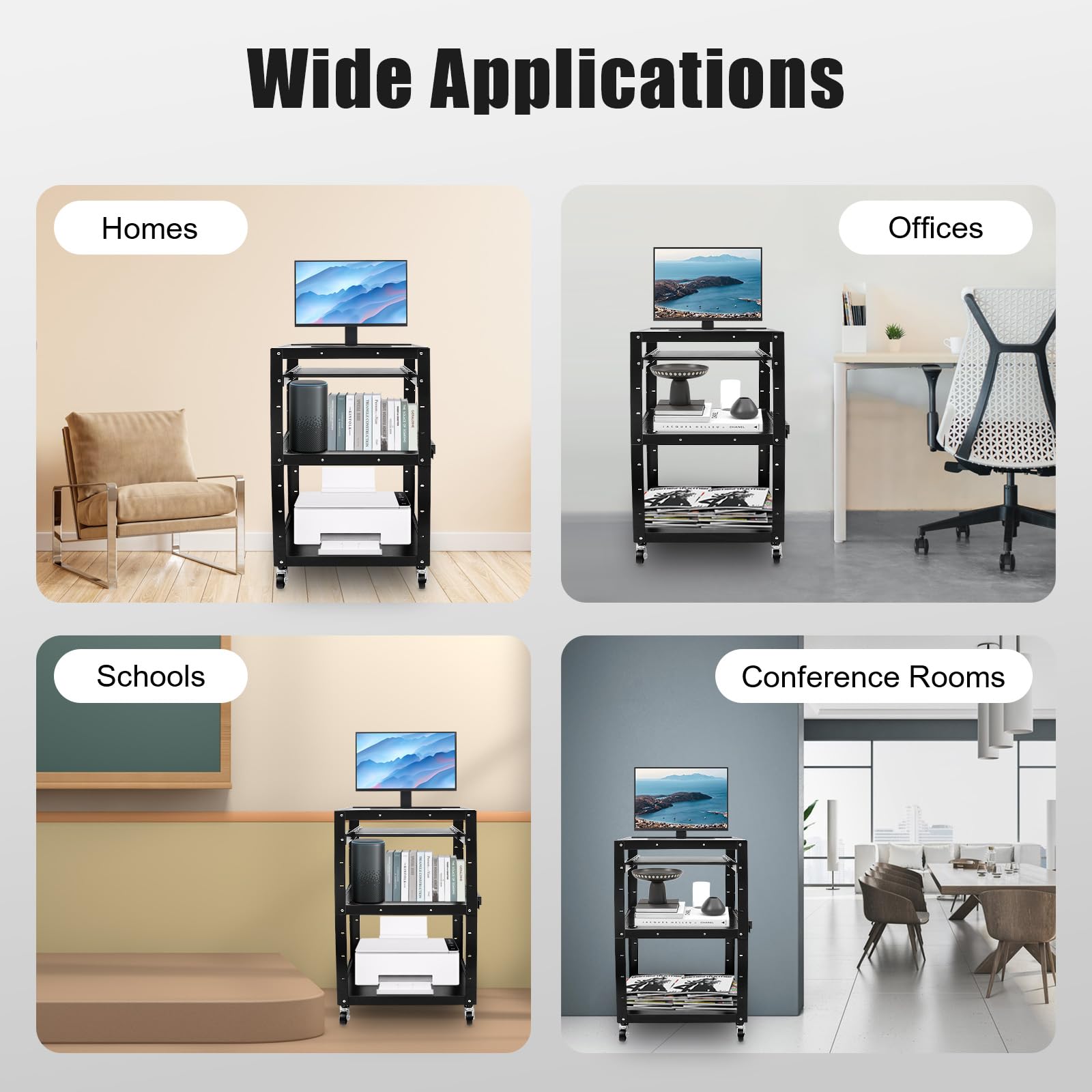 42 Inch Adjustable Height AV Media Cart with Wheels - 4-Tier Steel Rolling Stand for Laptop, Notebook & Keyboard - Mobile Office & Home Use for Presentations, Classrooms & Workspaces