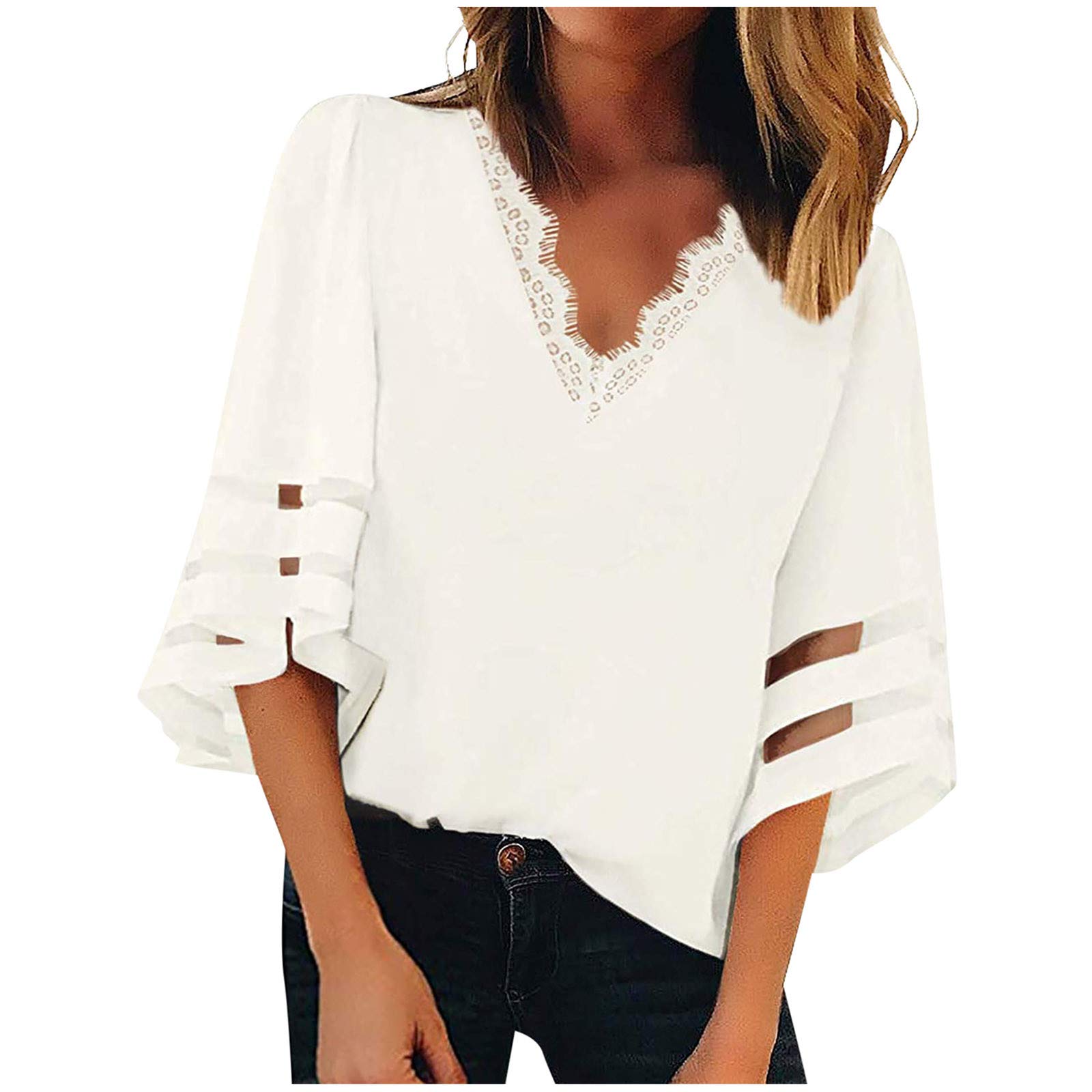 Women's V Neck T-Shirt - Summer Casual Mesh Panel 3/4 Bell Sleeve Blouse, Loose Fit Tee Top, Dressy Tunic for Work & Weekend Outings | Perfect for Office, Date Night & Casual Wear