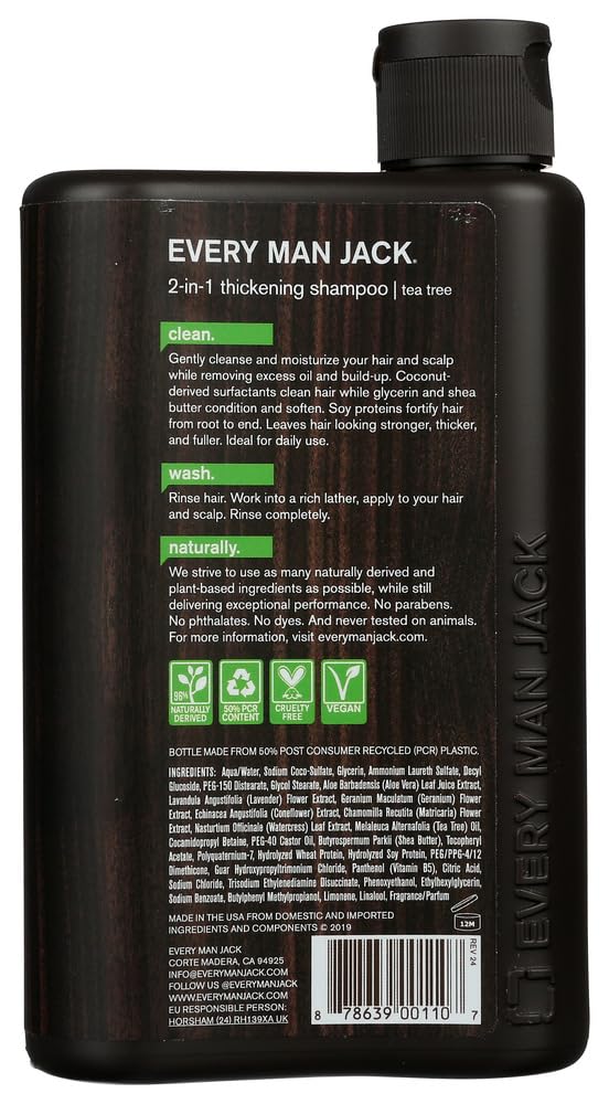 Every Man Jack 2-in-1 Thickening Shampoo & Conditioner for Men - 13.5 oz, Tea Tree & Shea Butter Formula for Thick Hair Growth - Vegan, Sulfate-Free Hair Care - Perfect for Daily Use & Volumizing Thin Hair