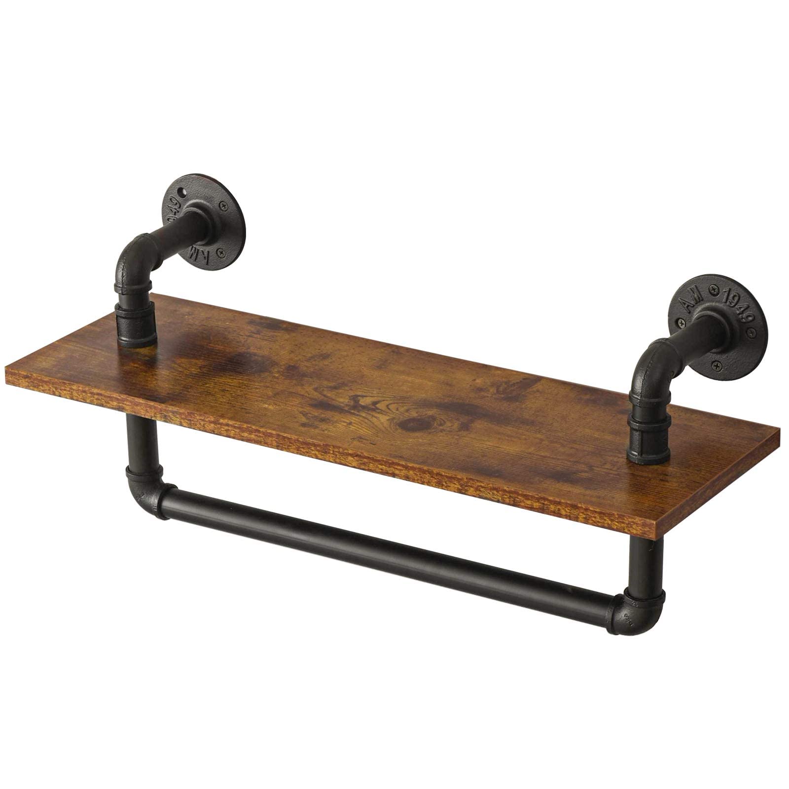 IBUYKE Industrial Pipe Floating Wall Shelf with Towel Bar - Rustic Metal Wall Mounted Bookcase & Spice Storage Rack - Perfect for Bedroom, Kitchen, Living Room & Bathroom Organization - GL-TM006