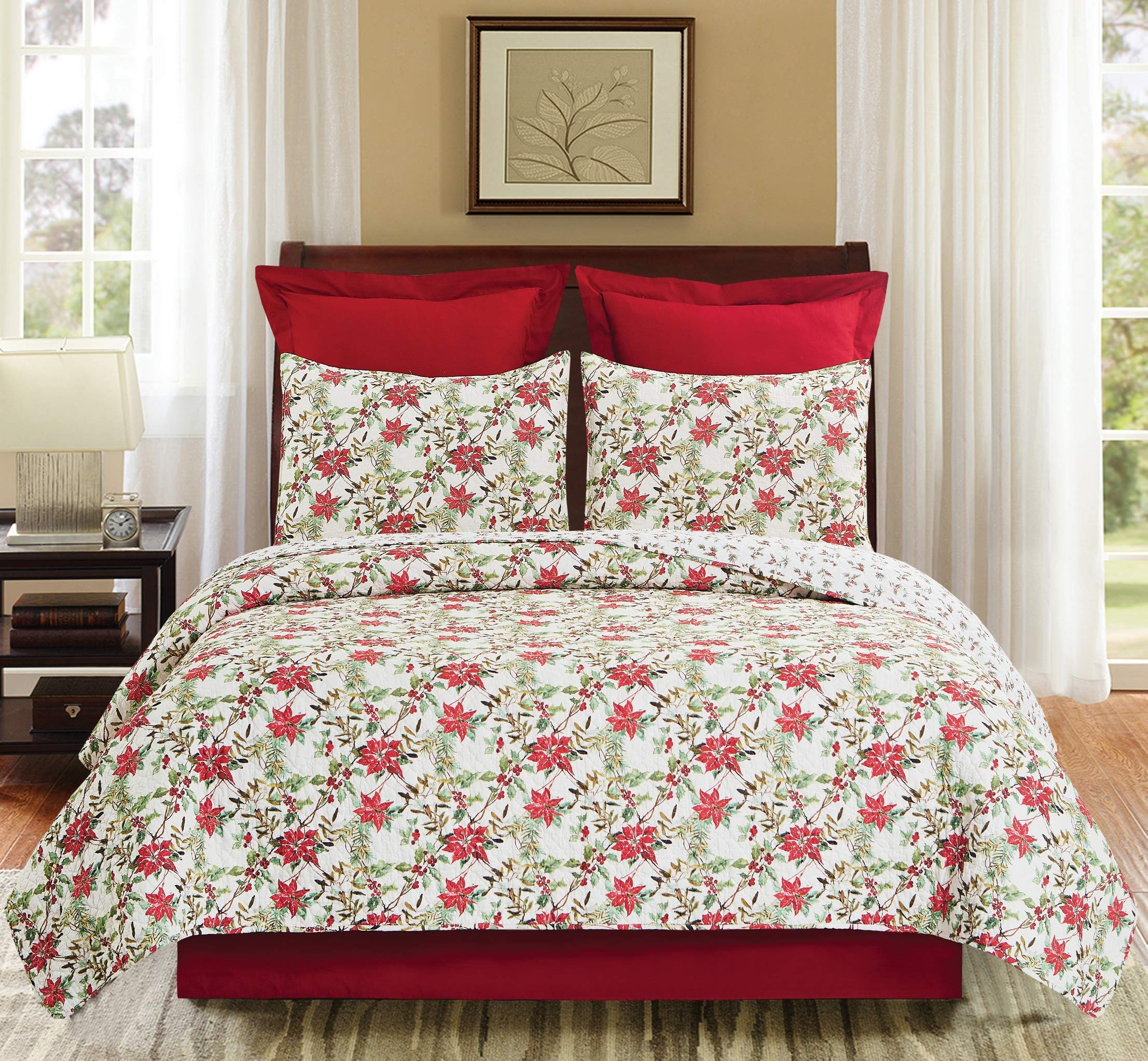 C&F Home Eve Reversible King Quilt Set - Red & Green Botanical Holly Sprig Christmas Design - 3 Piece Bedding Set for Holiday Decor (King Size) - Perfect for Festive Bedroom Makeover and Winter Home Styling