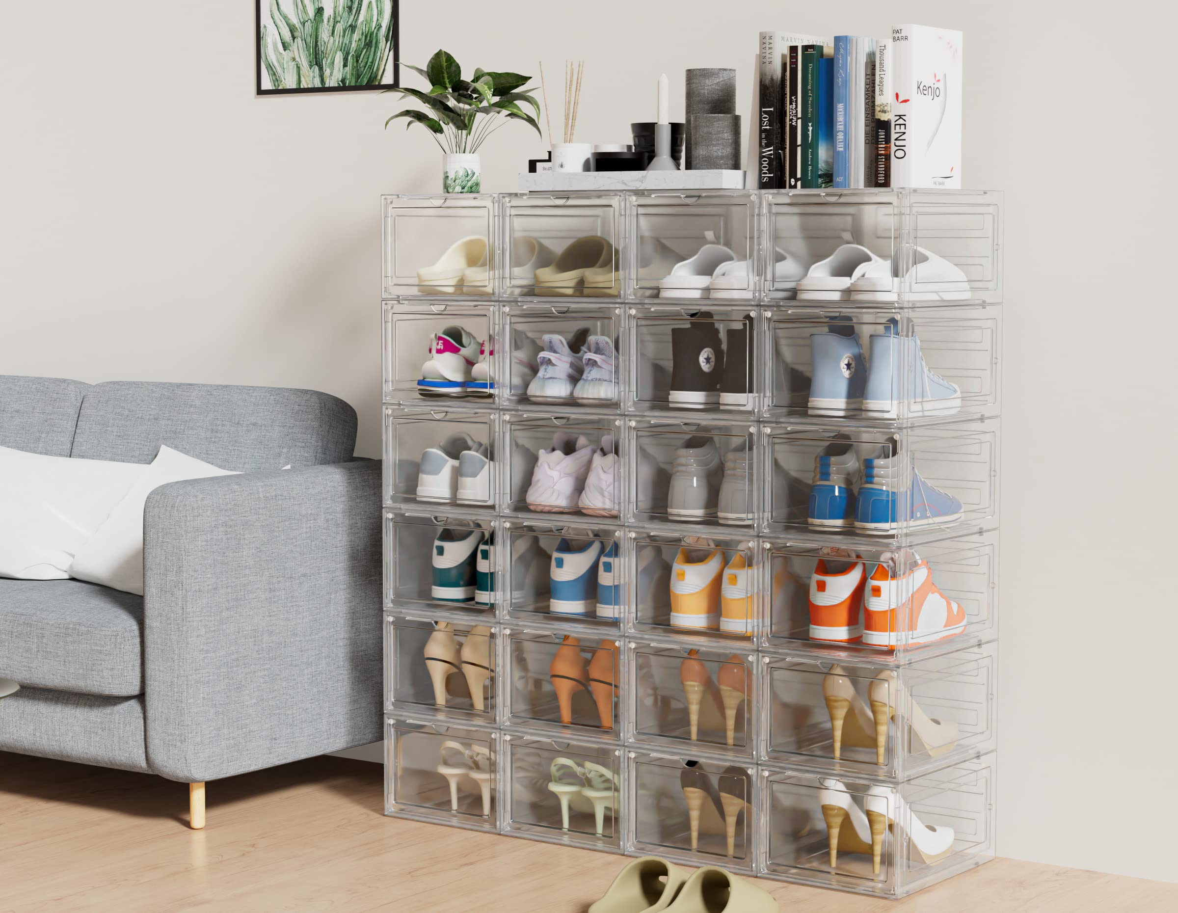 HOMIDEC 6-Pack Clear Hard Plastic Shoe Storage Boxes with Lids - Stackable Shoe Organizer for Size 13, Transparent Shoe Boxes for Closet, Bedroom & Entryway Organization