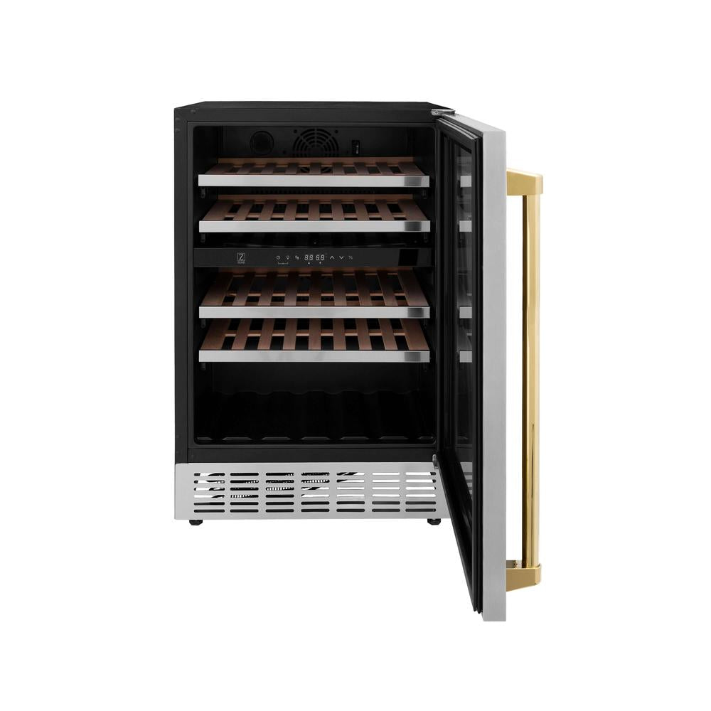 ZLINE Autograph Edition 24 Inch Stainless Steel Dual Zone Wine Cooler - 44 Bottle Capacity with Polished Gold Accents (RWVZ UD 24 G) - Perfect for Home Bars, Wine Cellars & Entertaining Spaces