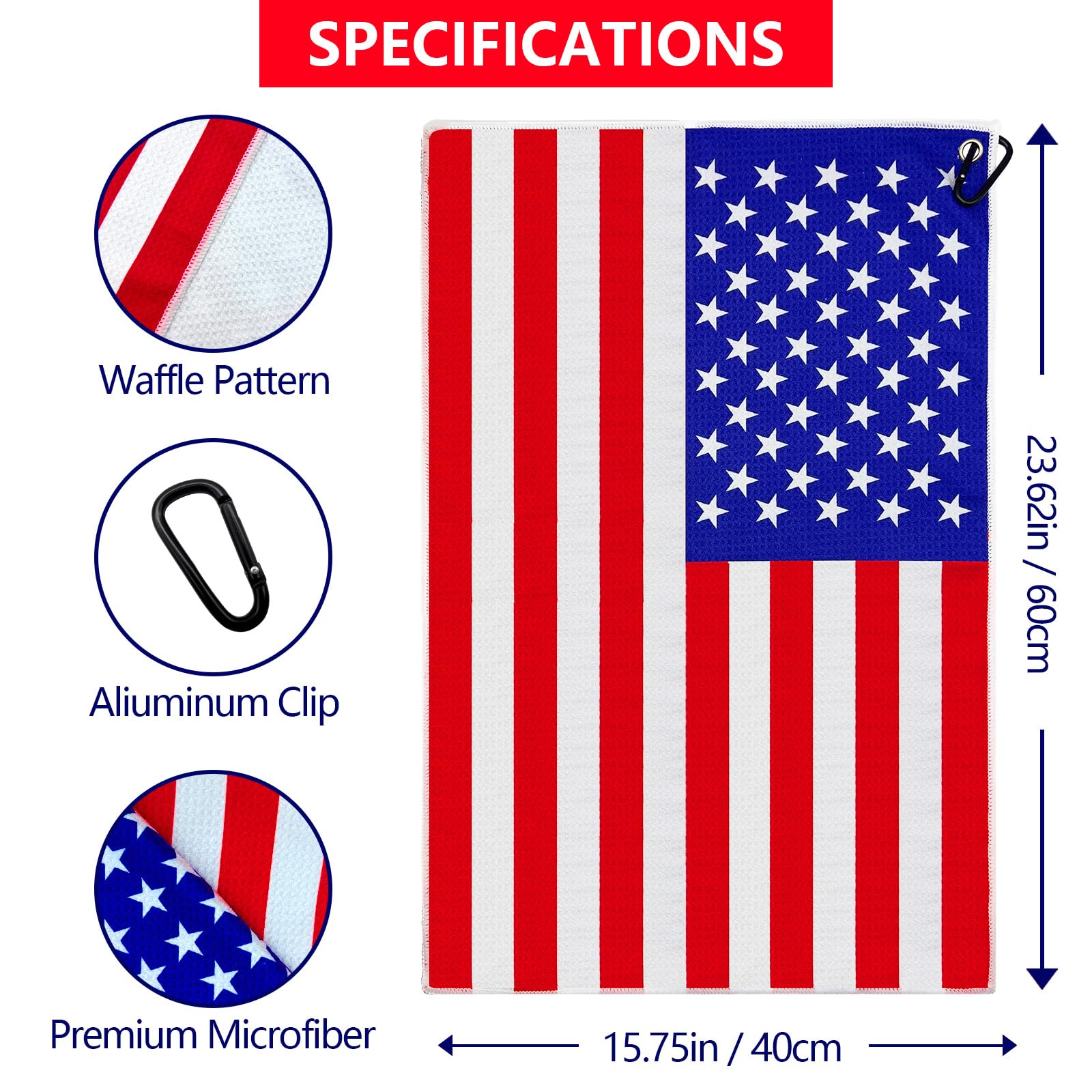 2 Pack American Flag Golf Towels - Premium Microfiber Waffle Weave Golf Towels for Men, Patriotic Golf Accessories & Gifts - Perfect for Golf Courses, Driving Range & Sports Events
