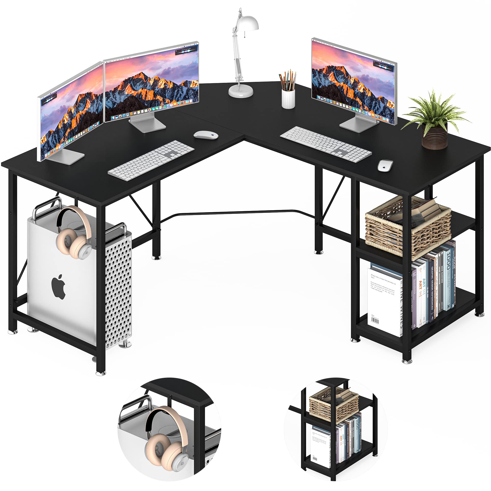 KLVLED L-Shaped Desk - Large Computer Desk with Storage Shelves, Reversible Corner Desk for Home Office | Space-Saving Workstation, Modern Simple Wooden Writing Desk in Black | Perfect for Small Spaces & Remote Work
