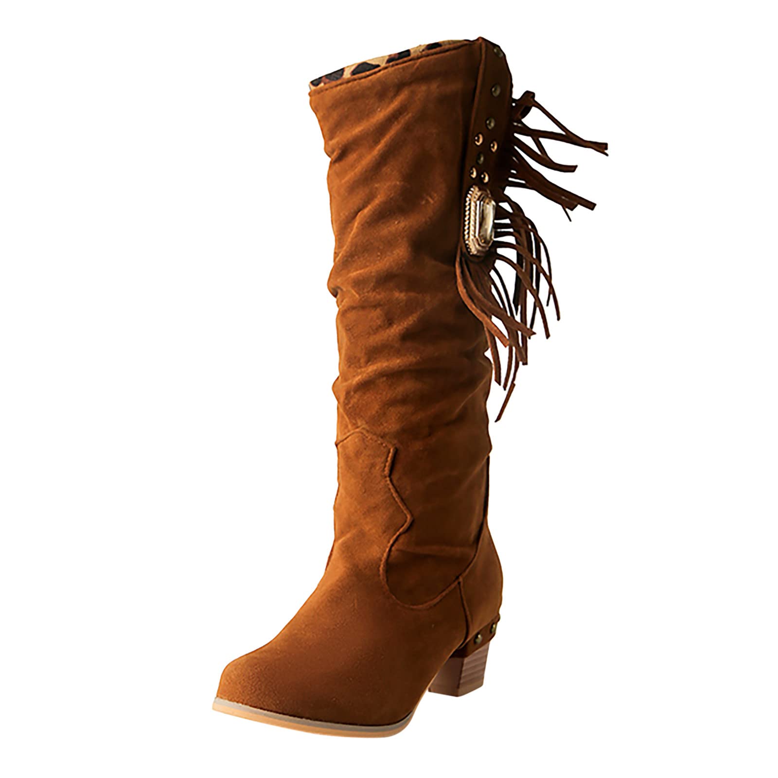 Rhinestone Embellished Women's Suede Fringe Boots - Thick Heel Mid Calf Boots in White | Perfect for Party, Night Out & Special Occasions