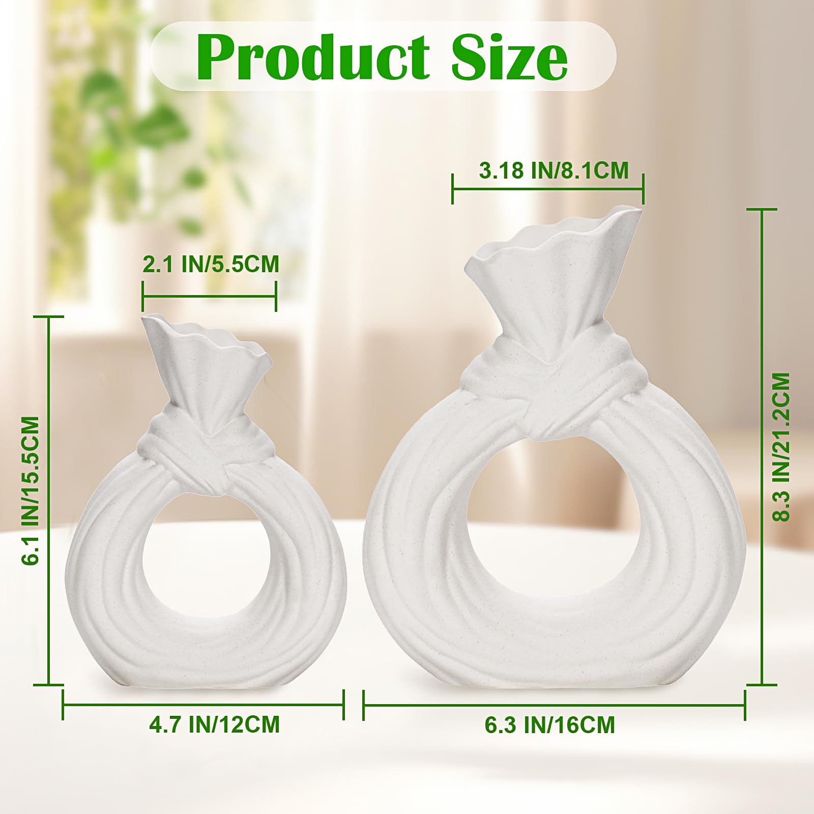 White Ceramic Vases Set of 2 - Modern Nordic Boho Style Hollow Donut Vases for Home Decor | Minimalist Flower Vases for Living Room, Bedroom & Office | Perfect Wedding, Housewarming Gift
