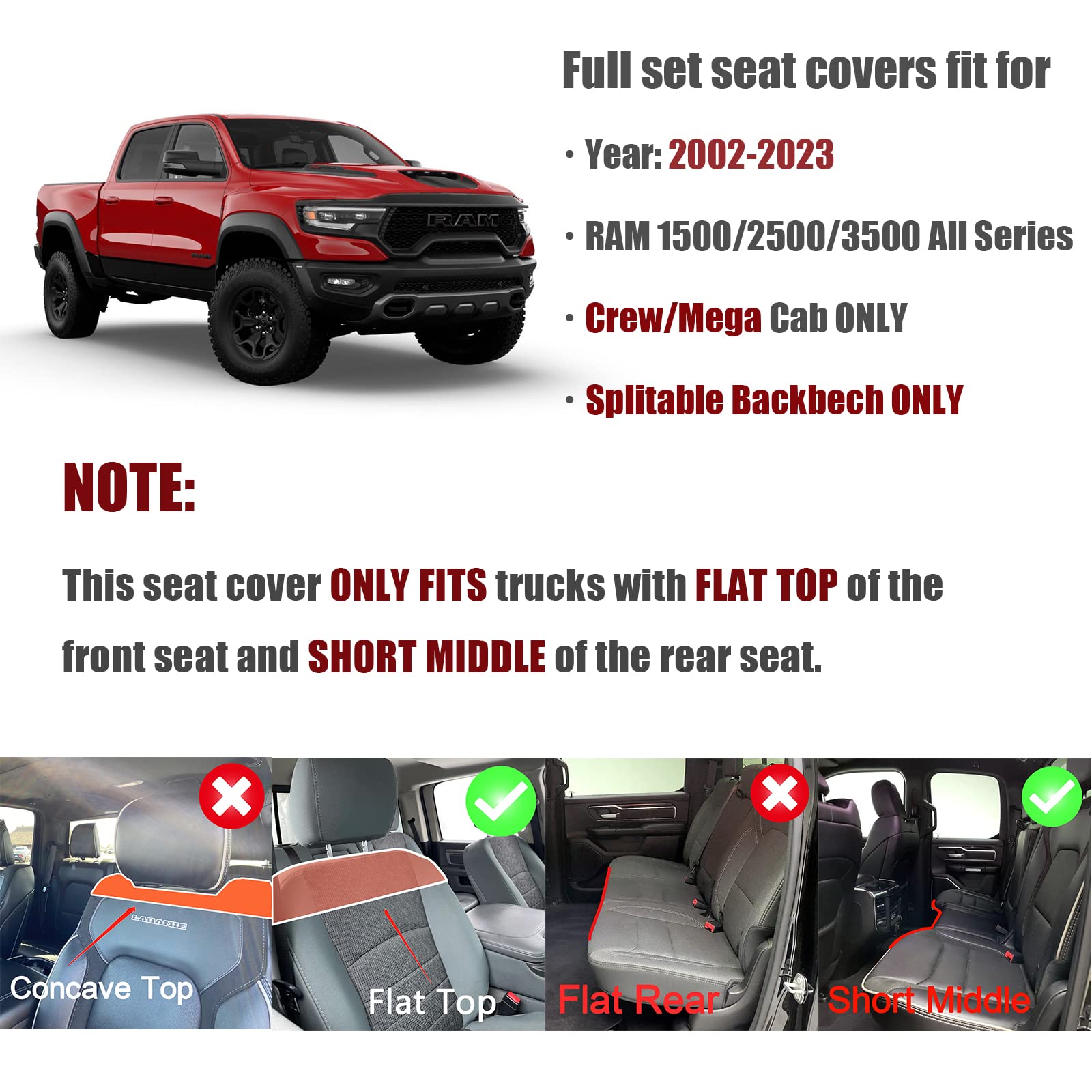 Premium Waterproof Leather Seat Covers for Dodge Ram Trucks - Custom Fit for 2002-2018 Ram 1500 & 2002-2023 Ram 2500/3500 Crew/Mega Cab - Full Set Luxury Protection - Perfect for Off-Roading, Work Trucks & Daily Commutes