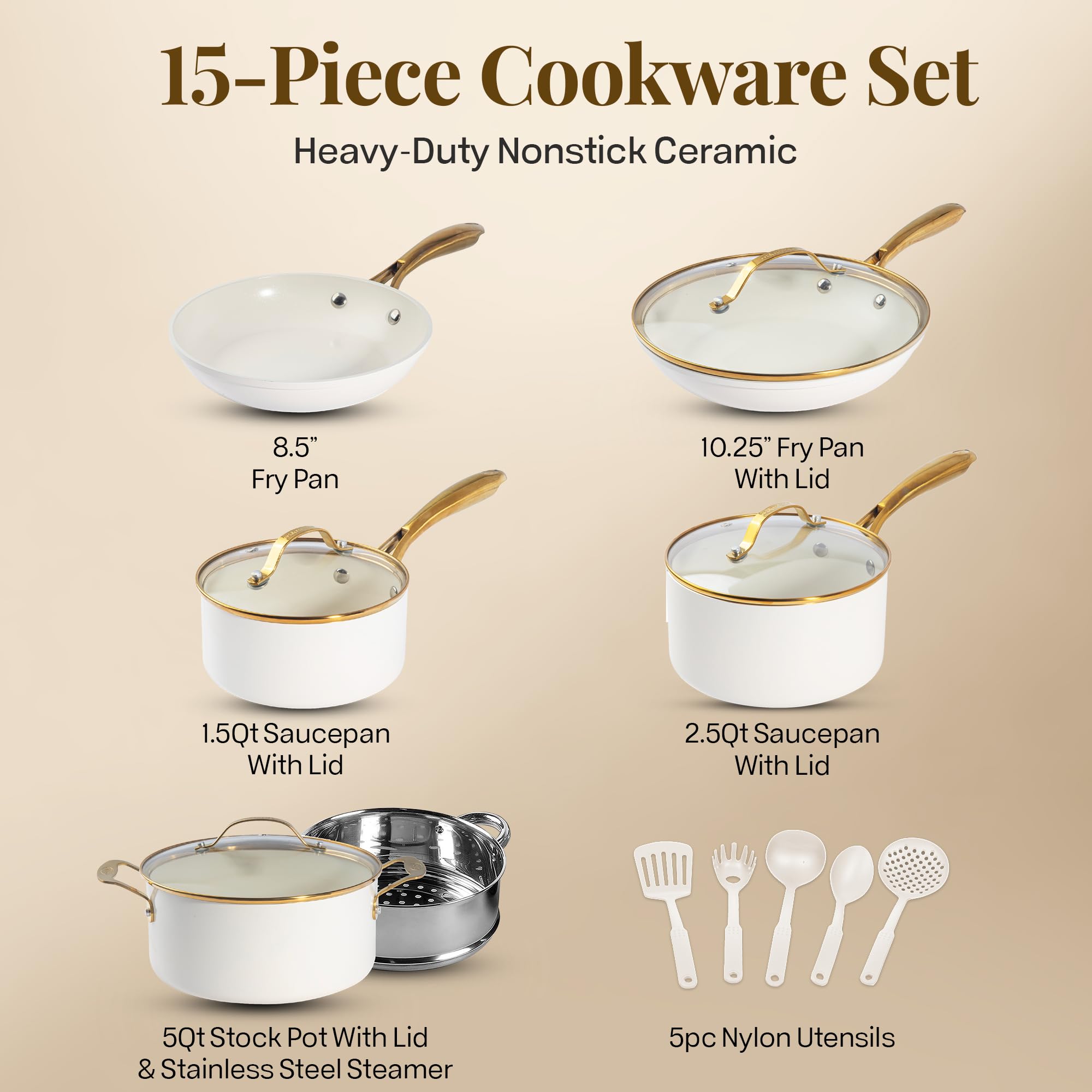 GOTHAM STEEL 15-Piece Ceramic Nonstick Cookware Set - Pots & Pans Set with Frying Pan, Sauce Pan for Healthy Cooking | Oven & Dishwasher Safe | Perfect for Home Kitchen, Family Meals & Professional Chefs