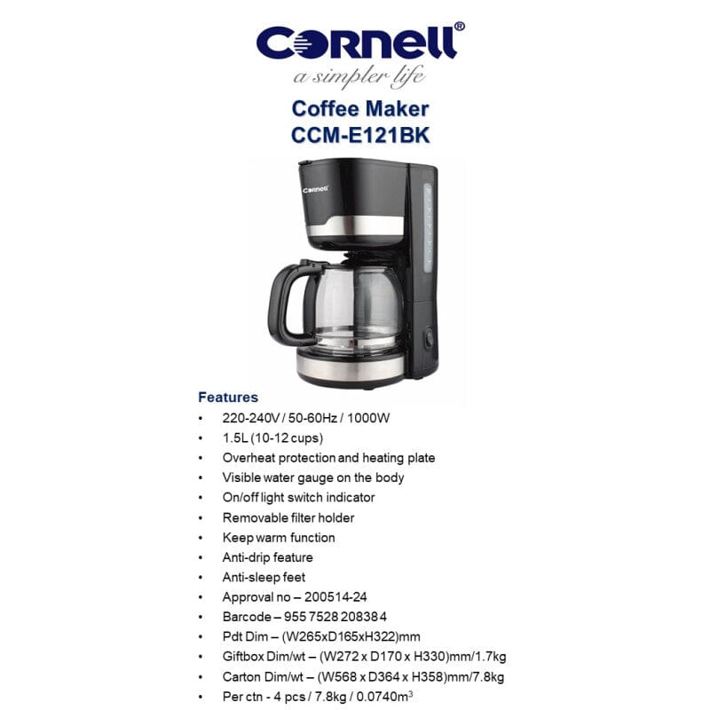 Cornell 1.5L 12-Cup Drip Coffee Maker - Black (CCME121BK) | Perfect for Home, Office & Breakfast Brewing