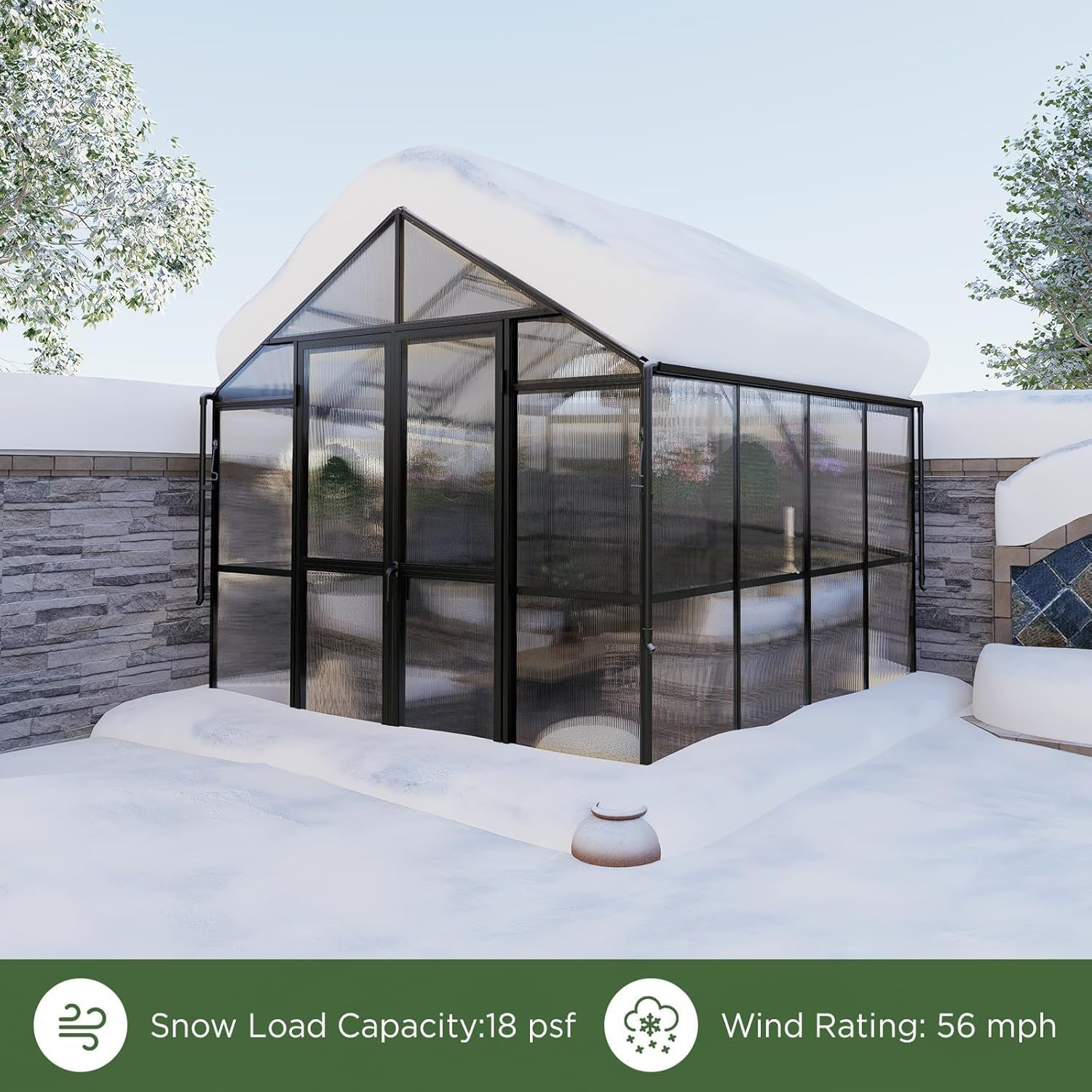 Premium 8x8x7.5 FT Polycarbonate Walk-in Greenhouse with Double Swing Doors & 2 Vents - 5.2FT Extended Wall Height, Durable Aluminum Frame for Year-Round Gardening - Ideal for Outdoor Winter Sunrooms, Backyard Plant Protection & All-Season Vegetable Growing (Black)