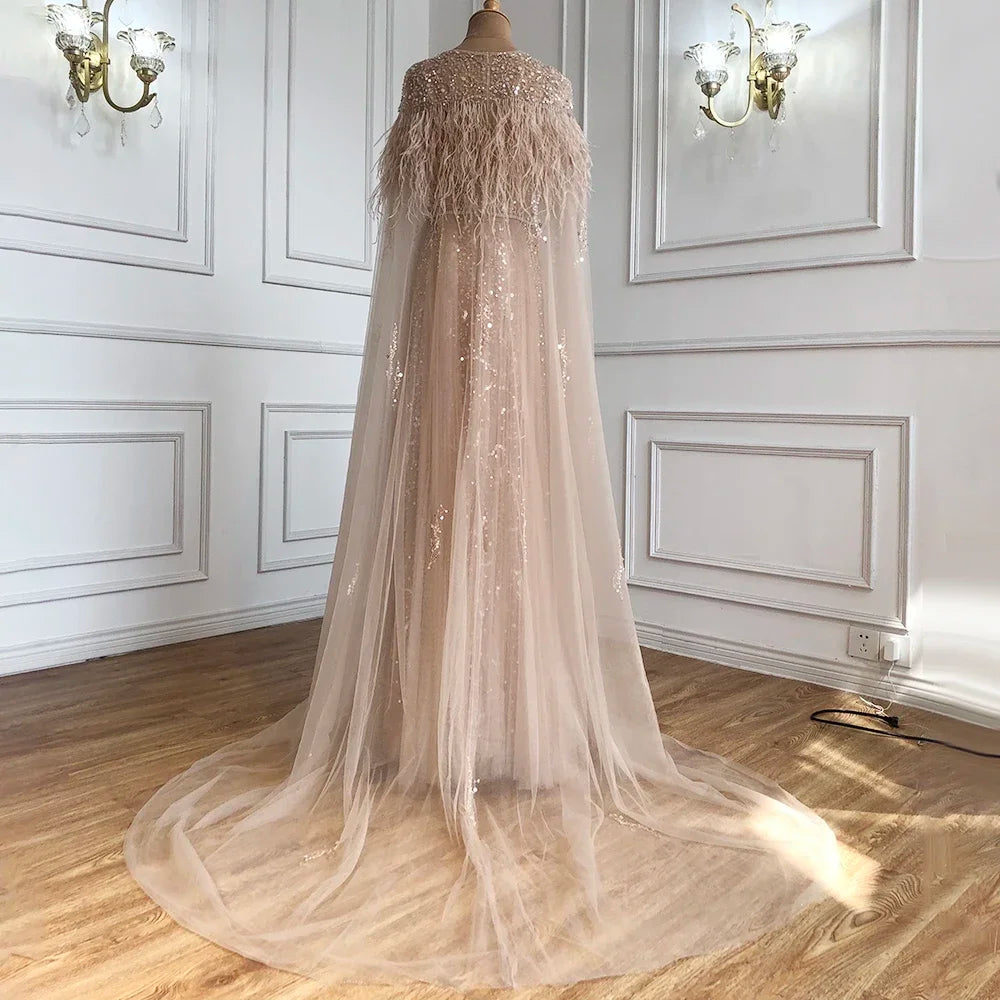 Luxury Dubai Grey Evening Formal Dress with Feather Cape Shawl - Gold Arabic Women's Wedding Party Gown LA70640 | Elegant Long Gown for Special Occasions, Galas & Red Carpet Events