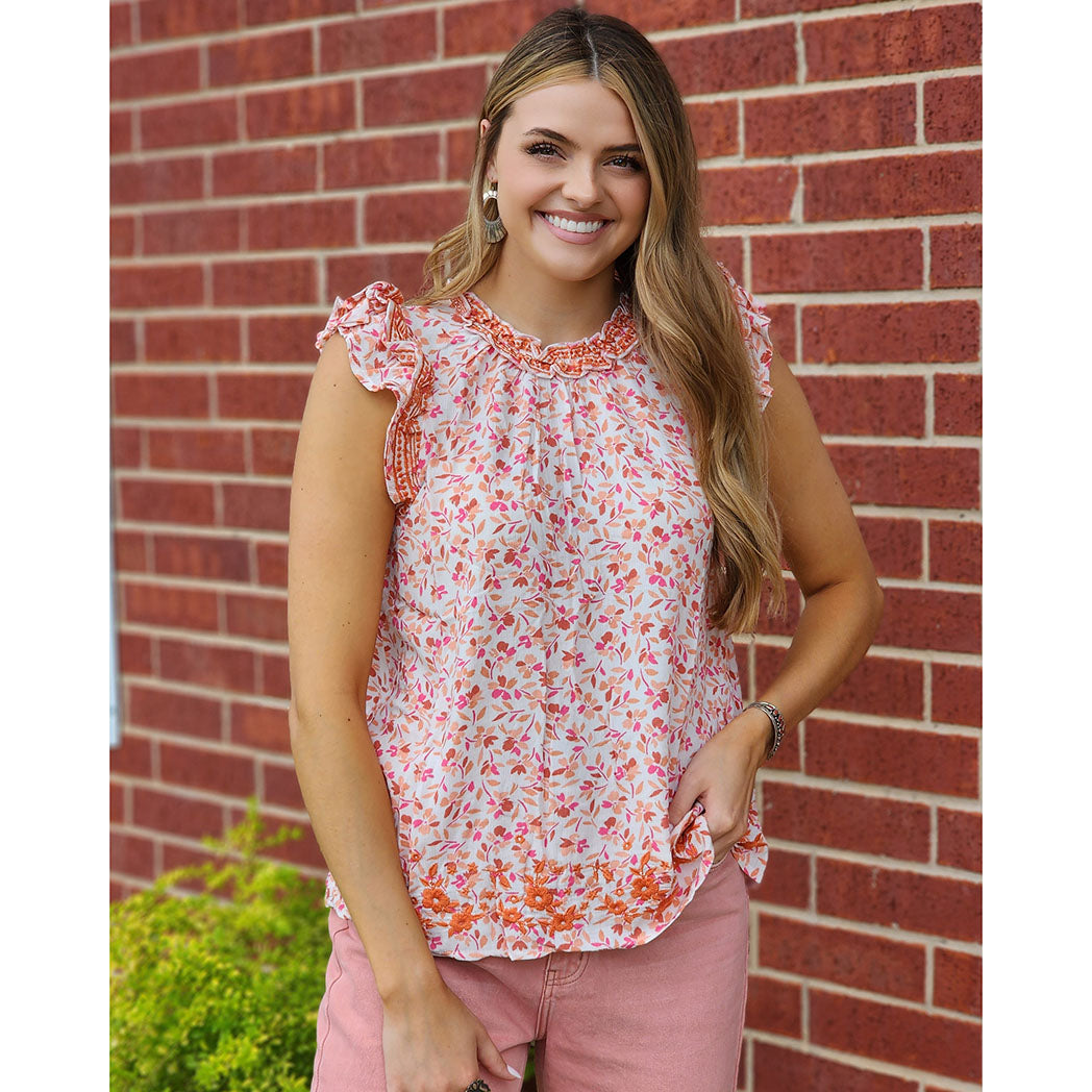 Andree Women's Pink & Orange Ruffle Blouse - Elegant Floral Print Summer Top for Casual Wear, Office & Date Night Outfits