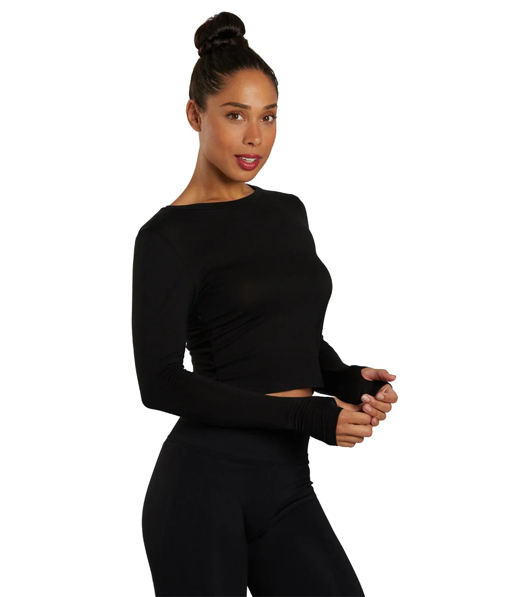 Nux Women's Cropped Long Sleeve Workout Top - Breathable Athletic Shirt for Yoga, Running & Gym - Black