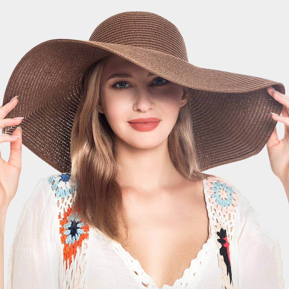Women's Fashionable Brown Solid Straw Sun Hat - Wide Brim Summer Beach Hat for Outdoor, Travel, and Gardening