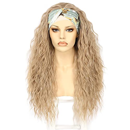 Ebingoo Long Wavy Ash Blonde Synthetic Wig for Women - Glueless Lace Front Headband Wig (26 Inch) with Free Wig Cap & Headband - Perfect for Daily Wear, Cosplay & Fashion Styling