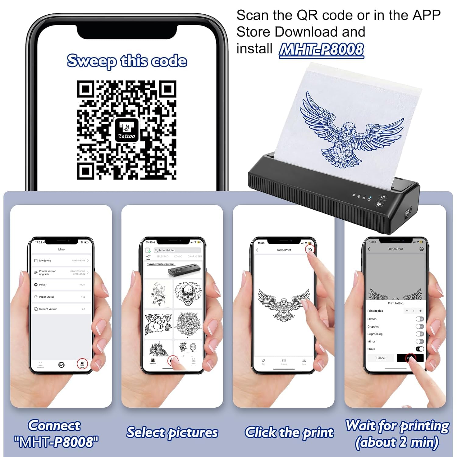 MOKOHOA Bluetooth Tattoo Transfer Printer - Portable Stencil Machine with 10 Sheets Thermal Paper & 2500mAh Battery | Wireless Tattoo Stencil Maker for Professional Artists & Home Use