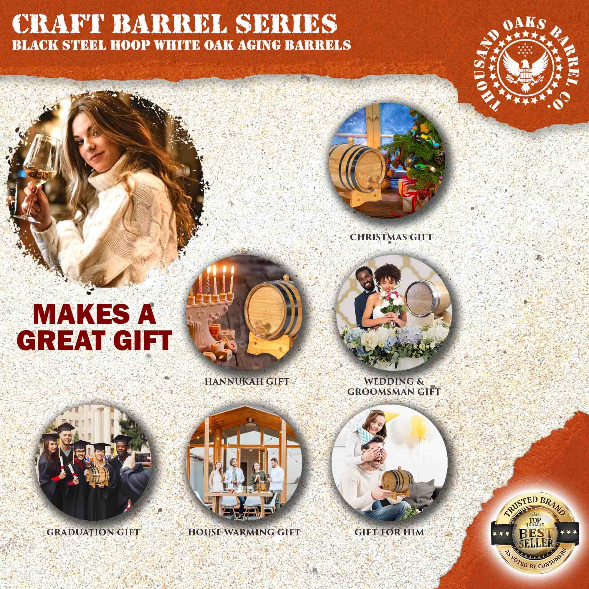 1 Gallon (5 Liter) Oak Aging Barrel with Stand, Bung & Spigot - Premium Charred Wooden Mini Whiskey Barrel for Aging Whiskey, Bourbon, Rum, Tequila, Mead Wine - Perfect for Home Brewing, Cocktail Crafting & DIY Liquor Maturation