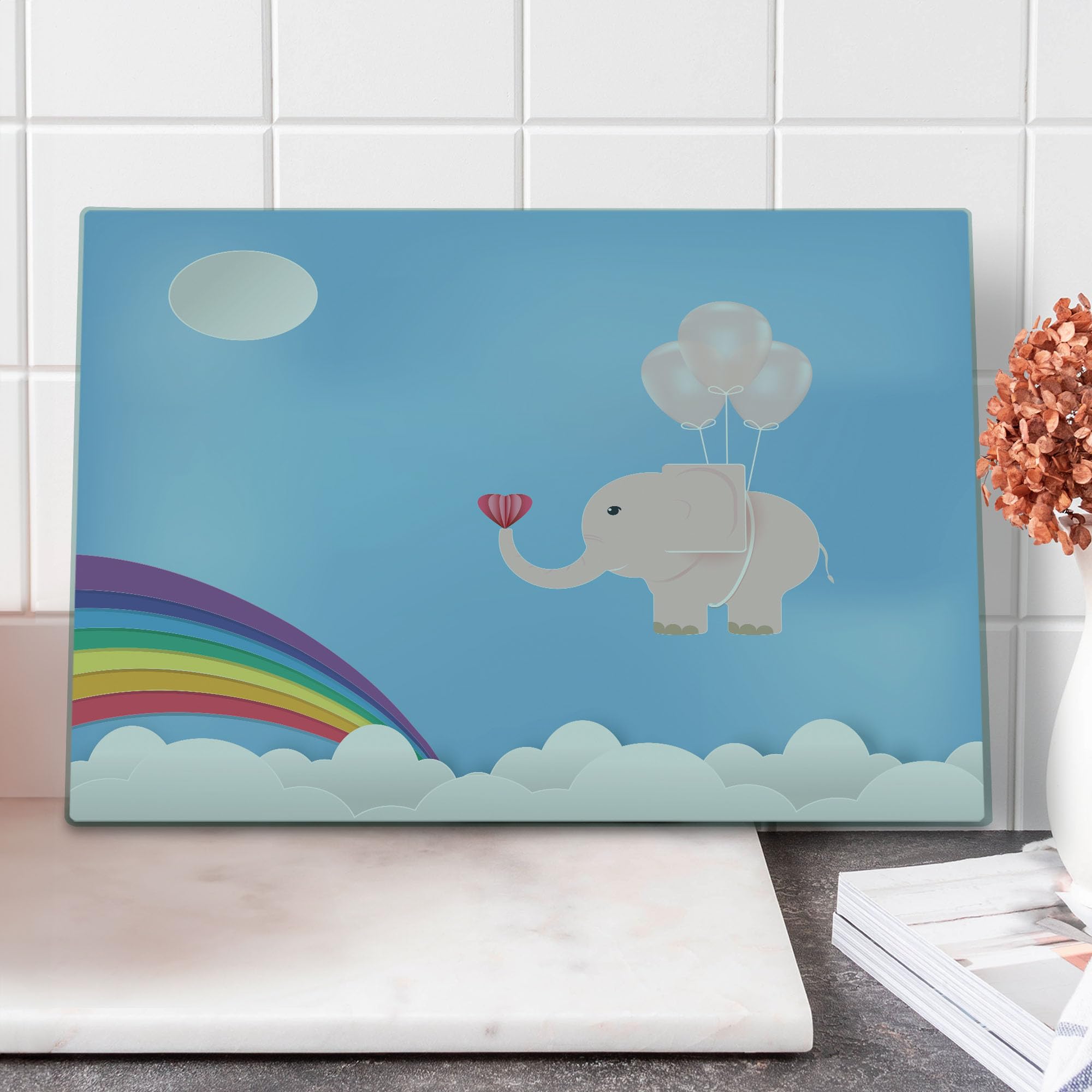 Ambesonne Blue and Pink Tempered Glass Cutting Board with Balloons and Rainbow Design - Large Decorative Serving Board for Kitchen, Party, and Gift Giving