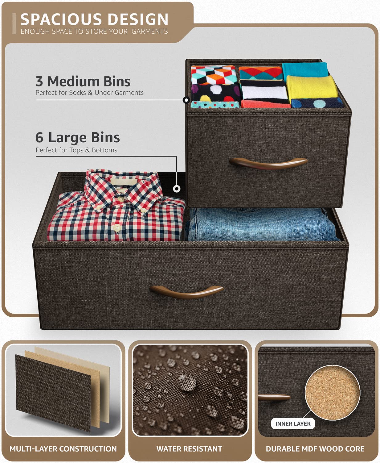 Sorbus 9-Drawer Dresser - Wood Top Storage Chest Tower with Steel Frame & Easy Pull Fabric Bins for Bedroom, Hallway, Closet & Office Organization (Brown) | Perfect for Small Space Storage & Home Decor
