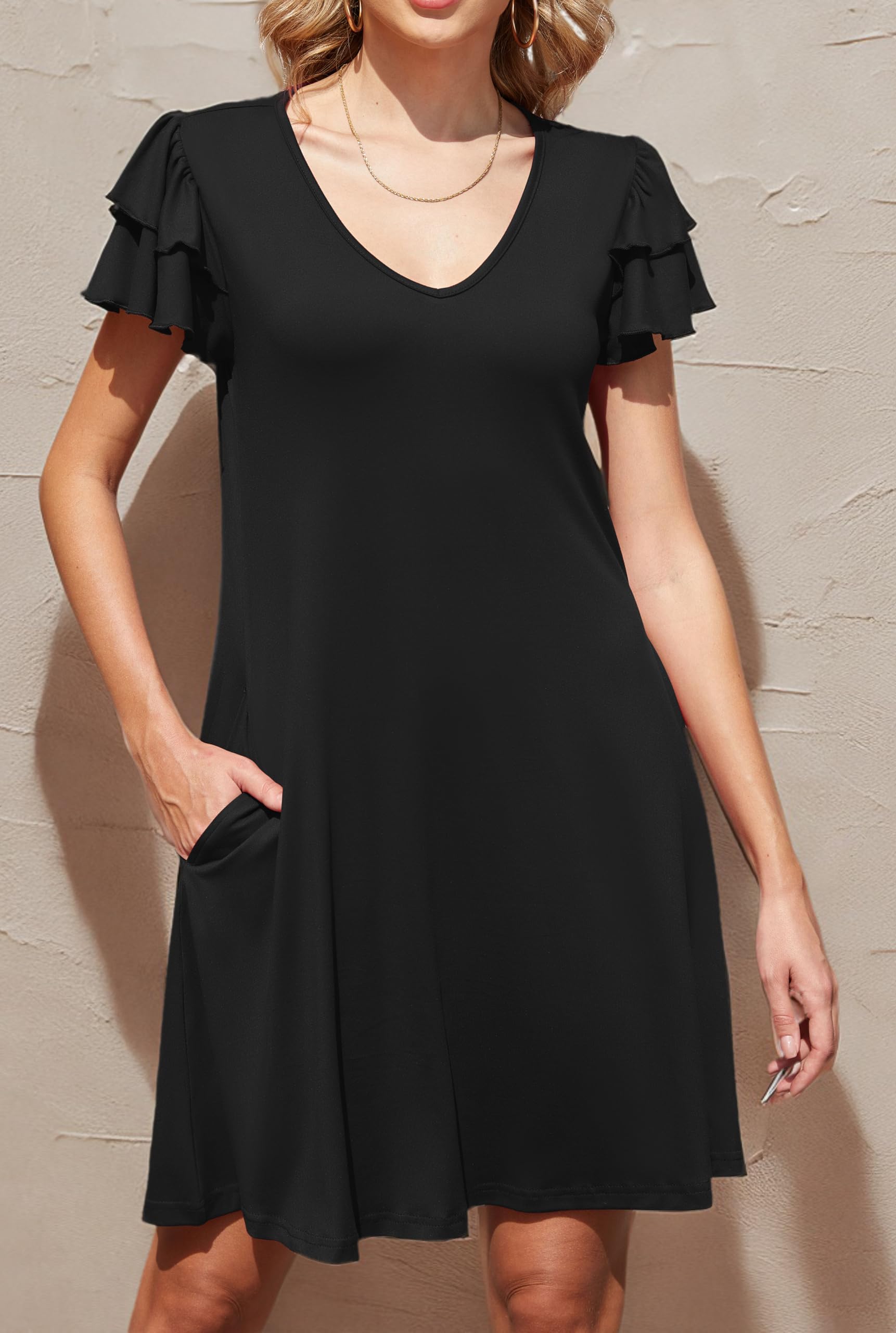 Women's Casual Summer Dress with Ruffle Short Sleeves & V-Neck - A-Line Cocktail Dress with Pockets - Perfect for Beach, Party, and Everyday Wear
