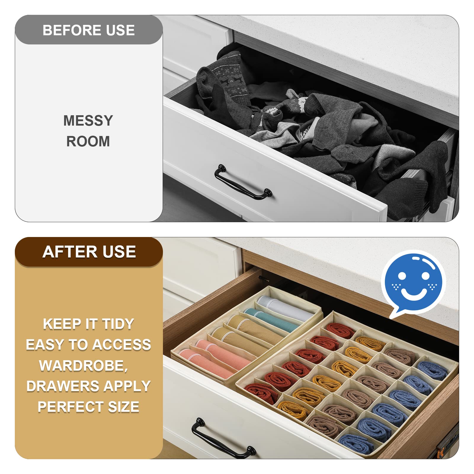 5 Pack Foldable Fabric Drawer Organizers - Sock & Underwear Storage Box, Dresser Closet Dividers for Baby Clothes, Undies, Handkerchiefs, Ties | Beige | Bedroom Cabinet Organization & Space Saving Solution